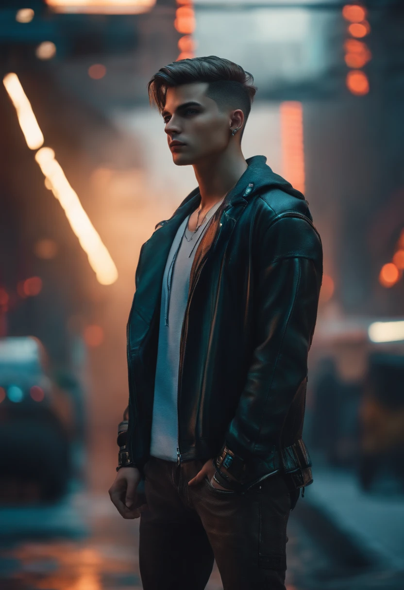 a 17 year old handsome bad boy, detailed face, striking blue eyes, messy brown hair, sensual lips, muscular physique, tight black leather jacket, ripped jeans, standing in a gritty urban city alleyway, neon lights, moody lighting, photorealistic, cinematic, 8k, (best quality,4k,8k,highres,masterpiece:1.2),ultra-detailed,(realistic,photorealistic,photo-realistic:1.37)