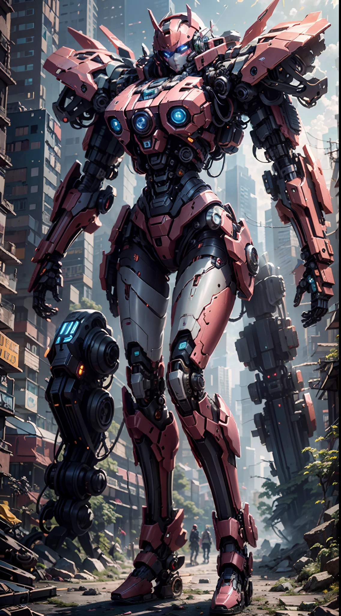 ((best qualtiy)), ((tmasterpiece)), ((full body shot shot)),(The is very detailed:1.3), 。.3D, Shitu-mecha,Perfect looks, Beautiful cyberpunk woman with her pink mech in the ruins of the city of Forgotten War, She has an extremely tall, slim sexy body,extra very long hair,huge tit,fat hips,Super long legs,Cyberpunk shoes,Ancient Techniques, hdr(HighDynamicRange), Ray traching, NVIDIA RTX, Hyper-Resolution, Unreal 5, sub surface scattering, PBR Texture, post-proces, Anisotropic filtering, depth of fields, Maximum clarity and sharpness, Many-Layer Textures, Albedo e mapas Speculares, Surface coloring,Accurately simulate light-material interactions,perfectly proportions,rendering by octane,twotonelighting,Low ISO,White balance,trichotomy,Wide aperture,8K raw data,High-Efficiency Sub-Pixel,sub-pixel convolution,Luminous Particle,Light scattering,Tyndall effect