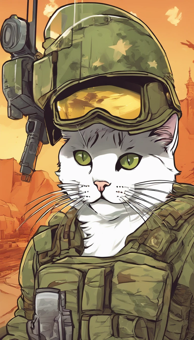 Image of a white cat in an army helmet and body armor, Holding an M16 rifle in his paws，Trends in Art Station，wears an army uniform，Ultra-realistic detailed rendering，urban style，intimidating pose，planet of cats，grenades on the belt，urbansamurai，cat，wearing an army helmet，Military training ground in the background