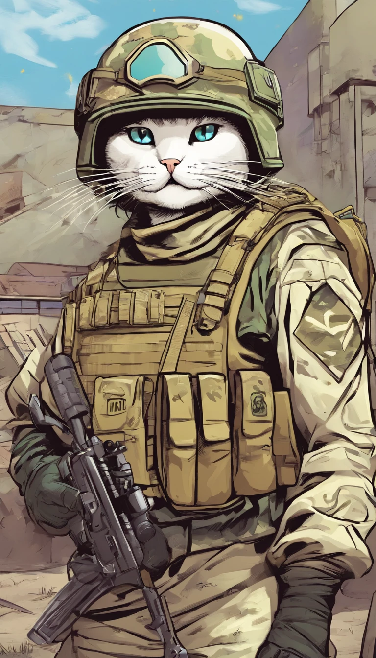 Image of a white cat in an army helmet and body armor, Holding an M16 rifle in his paws,Trends in Art Station,wears an army uniform,Ultra-realistic detailed rendering,urban style,intimidating pose,planet of cats,grenades on the belt,urbansamurai,cat,wearing an army helmet,Military training ground in the background