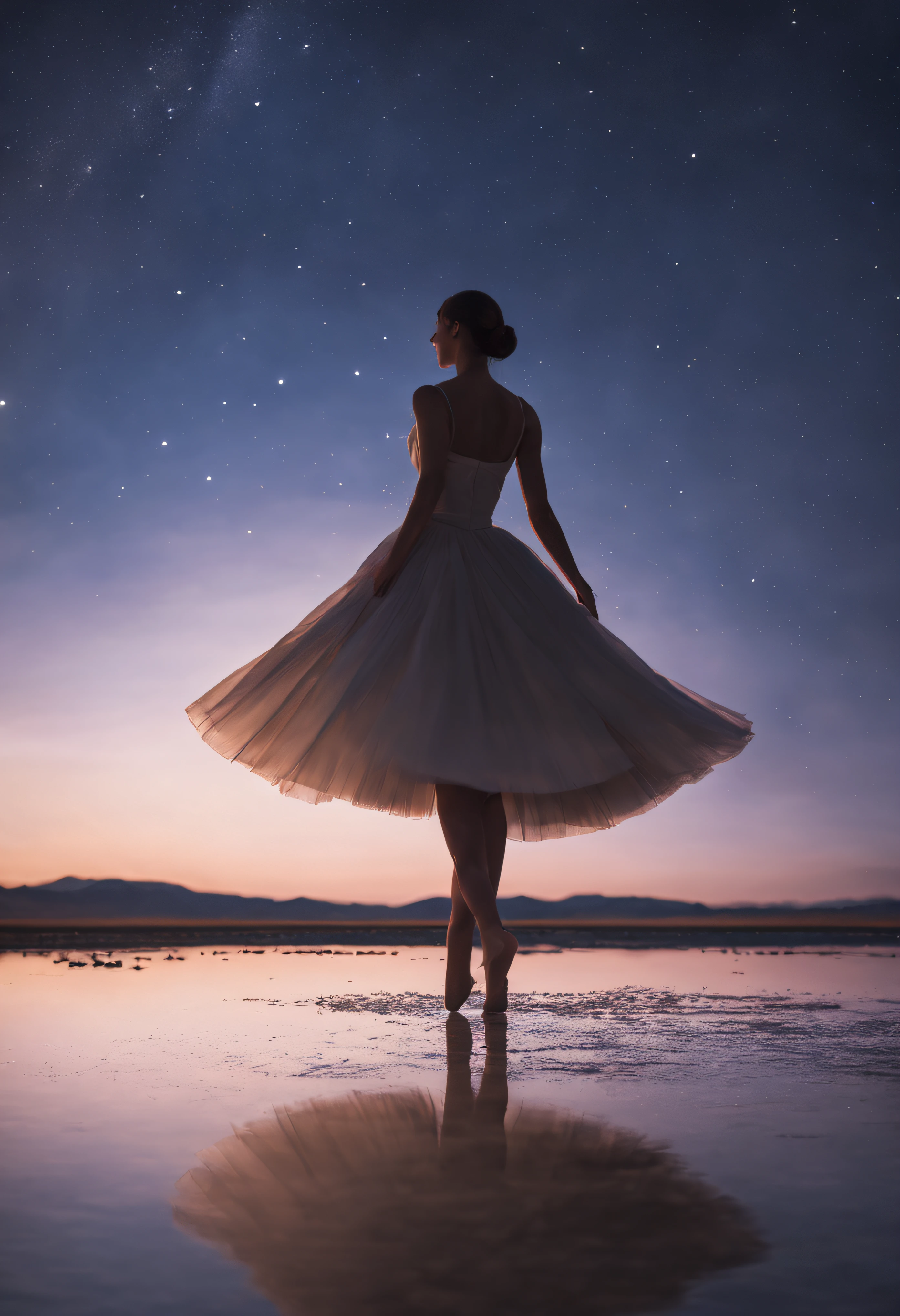 masutepiece, Original, from behind, Full body, Ballerina silhouette, ballet pose, Reach for the stars, Starlight reflected at her feet, Salt Flats Environment, Princess, sundress, Porcelain Skin, Long floating hair, Shimmering iridescent hair, Race trajectory, grateful, Natural moonlight, Ultra Wide Cinematic Shots, Dramatic Angle, Unreal Engine, Milky way, mirrornun, silhuette, light Particle, mirrornun