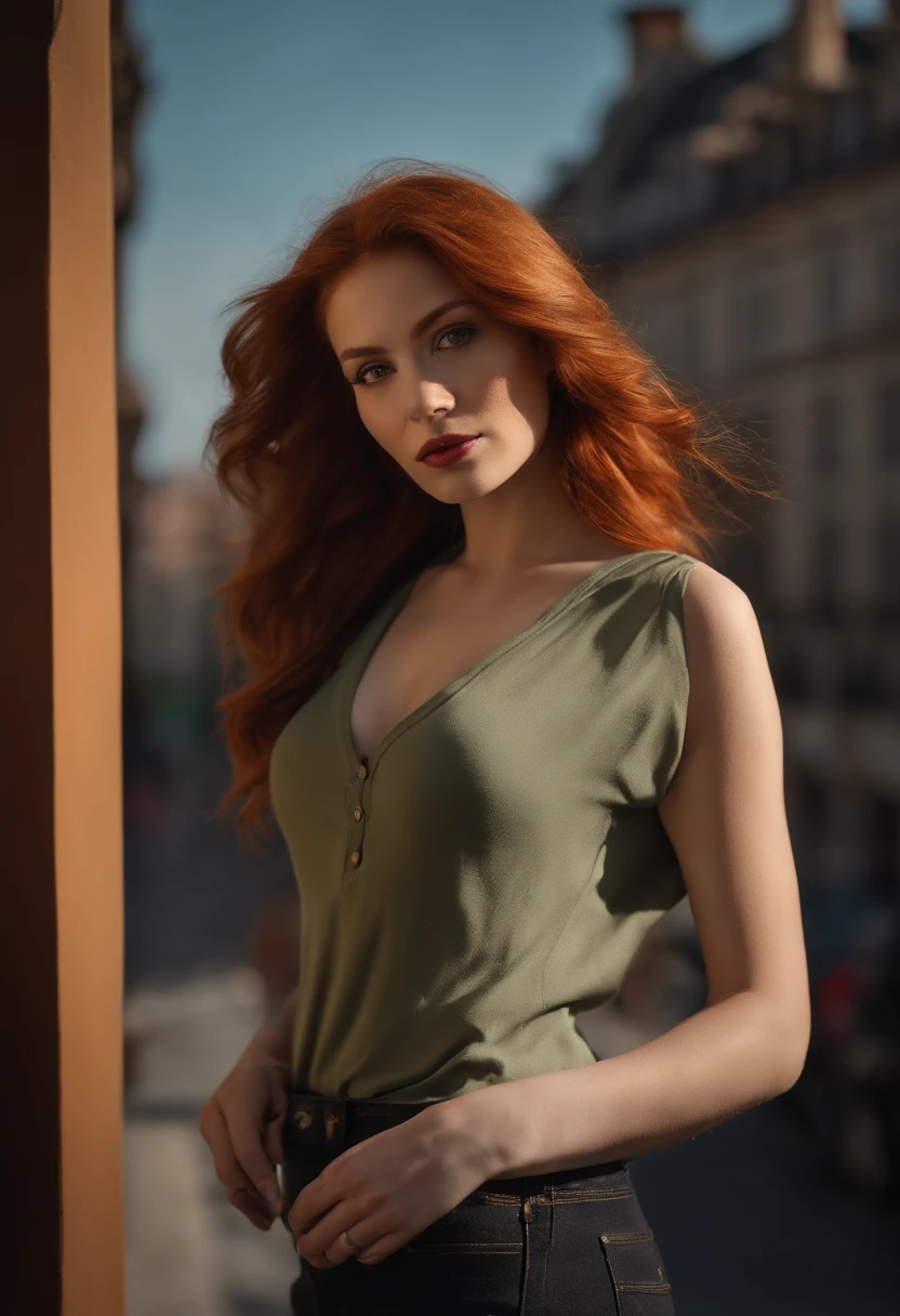 professionnel, (Photo 4K:1.1) par (Jeremy Lipking:0.3), (Dittmann Anna:0.3), (jiner:0.3), (mise au point nette:1.3), High detail, Porter (Chemise moulante:1.2), beautifull detailed face, An attractive woman with long red hair looks at the camera, resembling actress Katherine McNamara, Panasonic Lumix S Pro 50mm F/1.4, Anne Stokes, splash of color, dark orange and dark emerald, Ferrania P30, photo realist, (attractive young woman:1.3), (Seductive:1.1), (rougissant:1.1), Forme du corps du sablier, Gros seins ronds, hanches larges, in the background city, Prendre un selfie, Porter un pull, full body