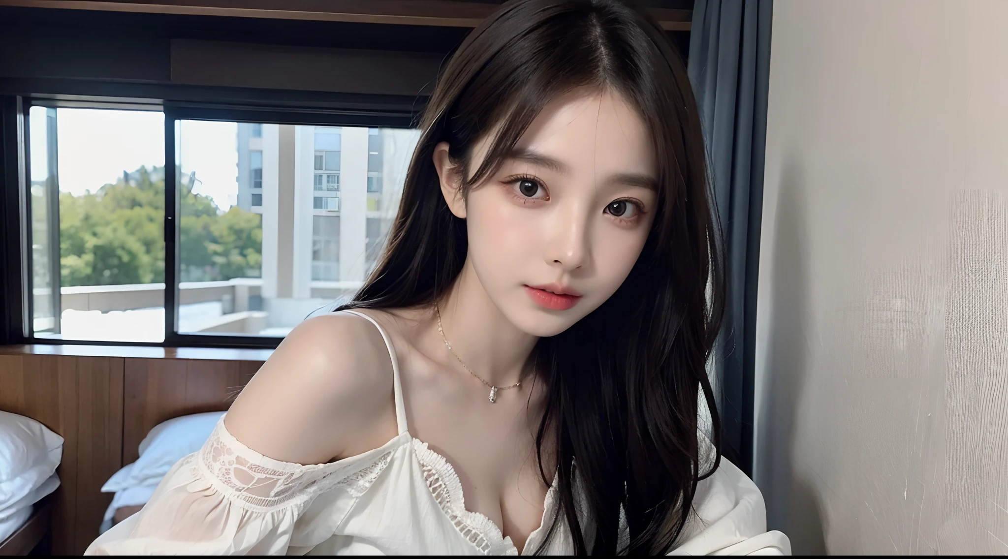 (High-resolution 8K raw photos are realistic,best qualtiy)，Fashion trendy beautiful and charming woman，gentle and charming Chinese beautiful woman，Korea,Kpop idol，delicate and sexy collarbones，charming oval face，二重まぶた，Ingenious[peaches]flower eyes，redish pink lips，small-nose，exposed bare shoulders，focus at face，closeup of face，Hyper-detailing，Blue off-the-shoulder long-sleeved top，White hip wrapped skirt，Light red hair，Background bokeh，cleavage，long leges，(Seven-doppelganger shot，中景 the scene is，Solo：1.4)，Lace，lacing，head gear， Fresh and impressive， natural color，Front light，Leaning against the wall，sitted，Princess chair，Body proportions are normal，Leaning together，Garbage heap，There is water on the ground，Swelling，There is a tattoo on the chest