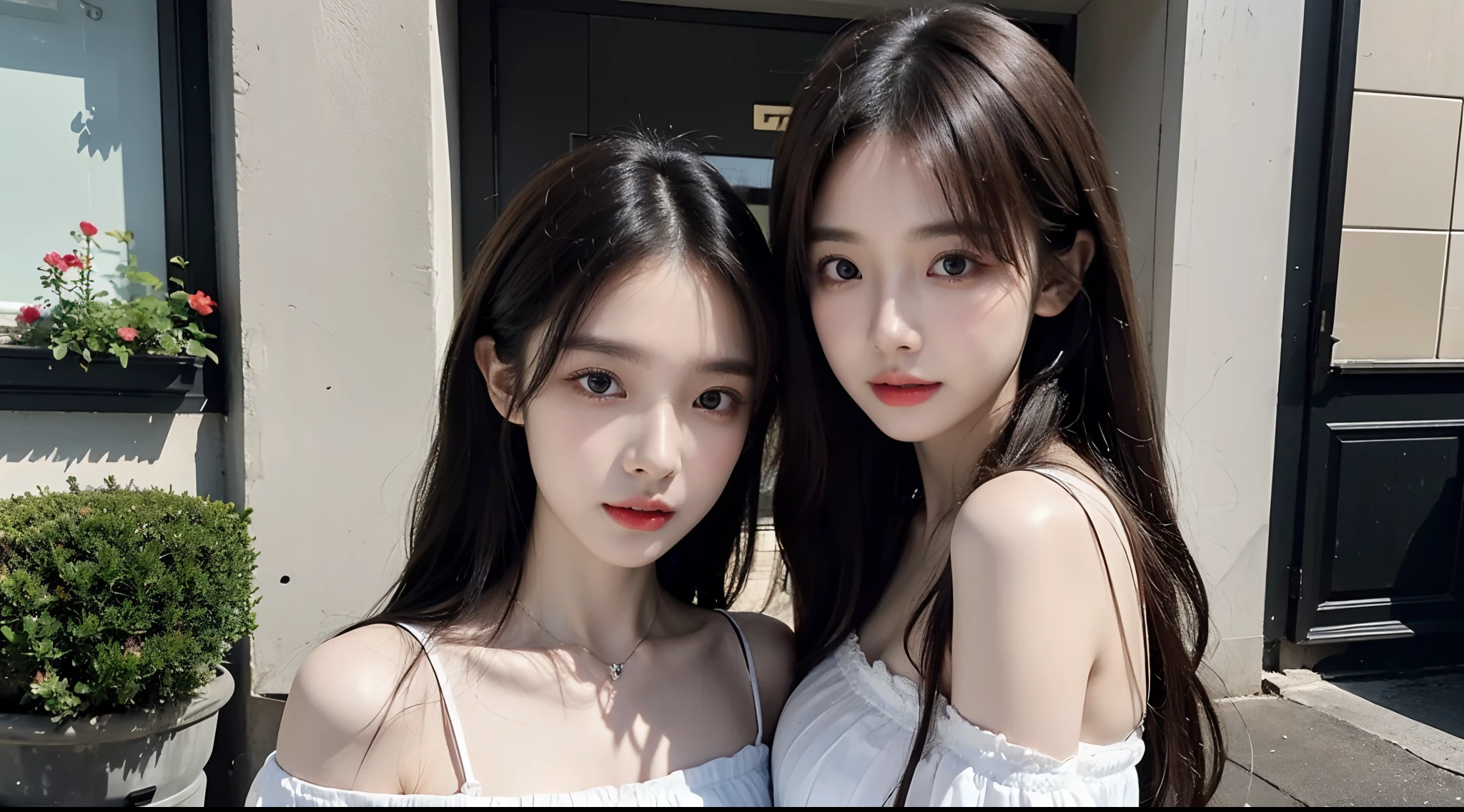 (High-resolution 8K raw photos are realistic,best qualtiy)，Fashion trendy beautiful and charming woman，gentle and charming Chinese beautiful woman，Korea,Kpop idol，delicate and sexy collarbones，charming oval face，二重まぶた，Ingenious[peaches]flower eyes，redish pink lips，small-nose，exposed bare shoulders，focus at face，closeup of face，Hyper-detailing，Blue off-the-shoulder long-sleeved top，White hip wrapped skirt，Light red hair，Background bokeh，cleavage，long leges，(Seven-doppelganger shot，中景 the scene is，Solo：1.4)，Lace，lacing，head gear， Fresh and impressive， natural color，Front light，Leaning against the wall，sitted，Princess chair，Body proportions are normal，Leaning together，Garbage heap，There is water on the ground，Swelling，There is a tattoo on the chest