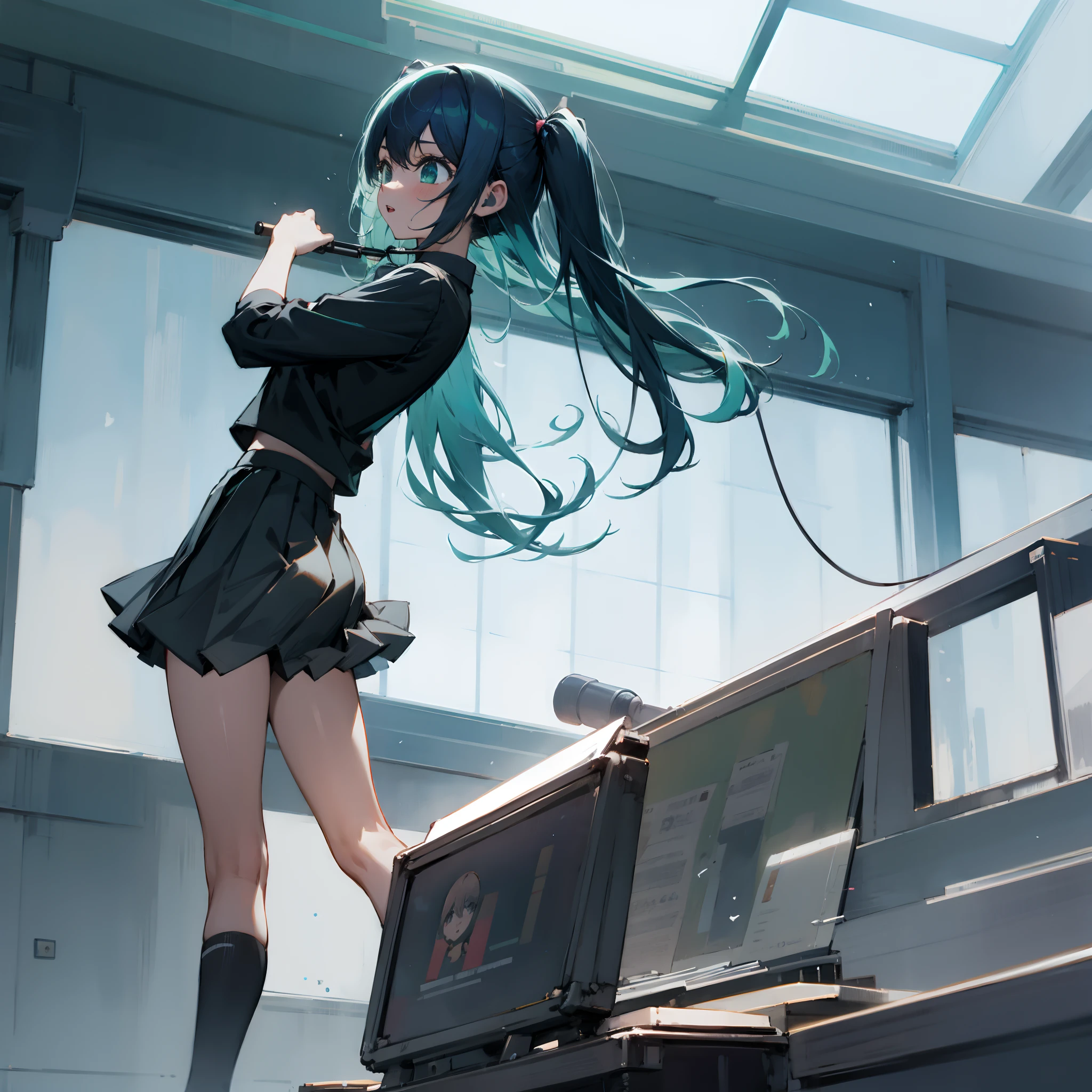 ((masterpiece,best quality))1girl, solo, black skirt, blue eyes,, headphones, long hair, , music, one side up, teal hair, twin tails, pleated skirt, black shirt, indoors