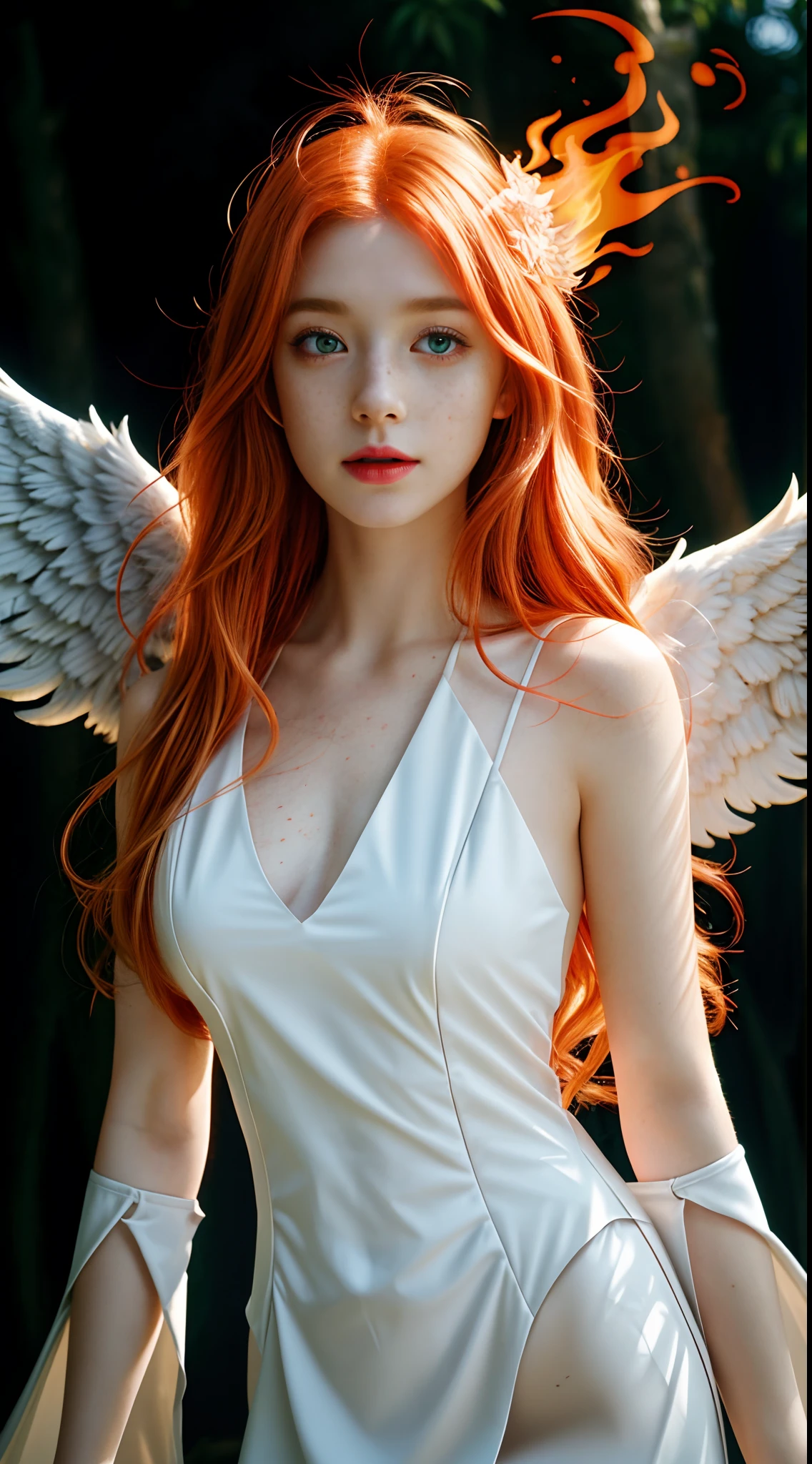 Female, fire angel, fire, angel, demon, red, red hair, pale skin, pale, green eyes, freckles, phoenix wings, fire wings, angel fire wings, angel wings, wings, one character, one face, one person, only one individual, only one character, only one person, only one face.blonde long hair, midshot, centered image, ultra detail, extremely face detail, extremely eye detail