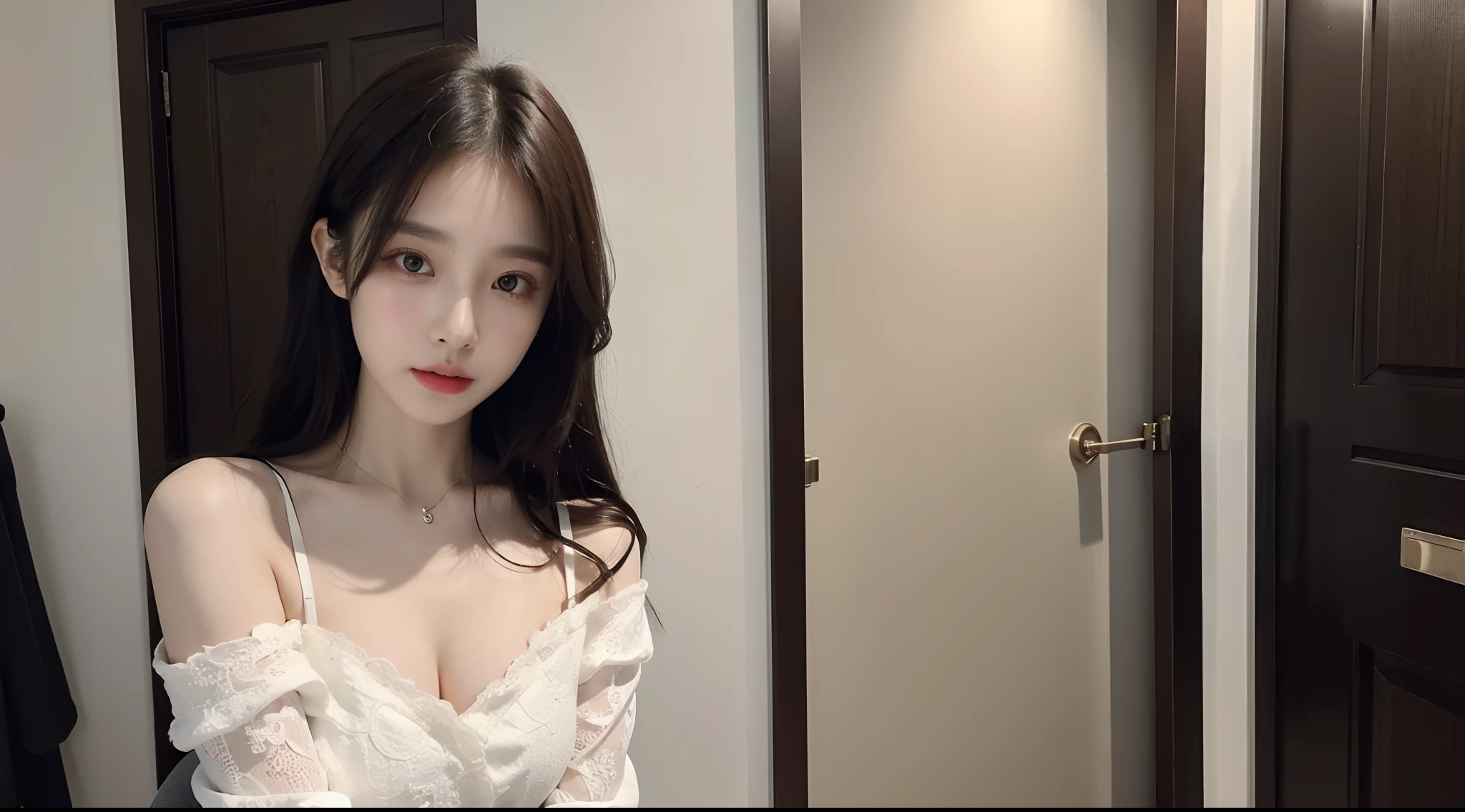 (High-resolution 8K raw photos are realistic,best qualtiy)，Fashion trendy beautiful and charming woman，gentle and charming Chinese beautiful woman，Korea,Kpop idol，delicate and sexy collarbones，charming oval face，二重まぶた，Ingenious[peaches]flower eyes，redish pink lips，small-nose，exposed bare shoulders，focus at face，closeup of face，Hyper-detailing，Blue off-the-shoulder long-sleeved top，White hip wrapped skirt，Light red hair，Background bokeh，cleavage，long leges，(Seven-doppelganger shot，中景 the scene is，Solo：1.4)，Lace，lacing，head gear， Fresh and impressive， natural color，(pedestrian street，cbd,rays of sunshine，outside，LV shoulder bag for women，cellular phone)，Front light，Sitting on the side of the street，deck chair