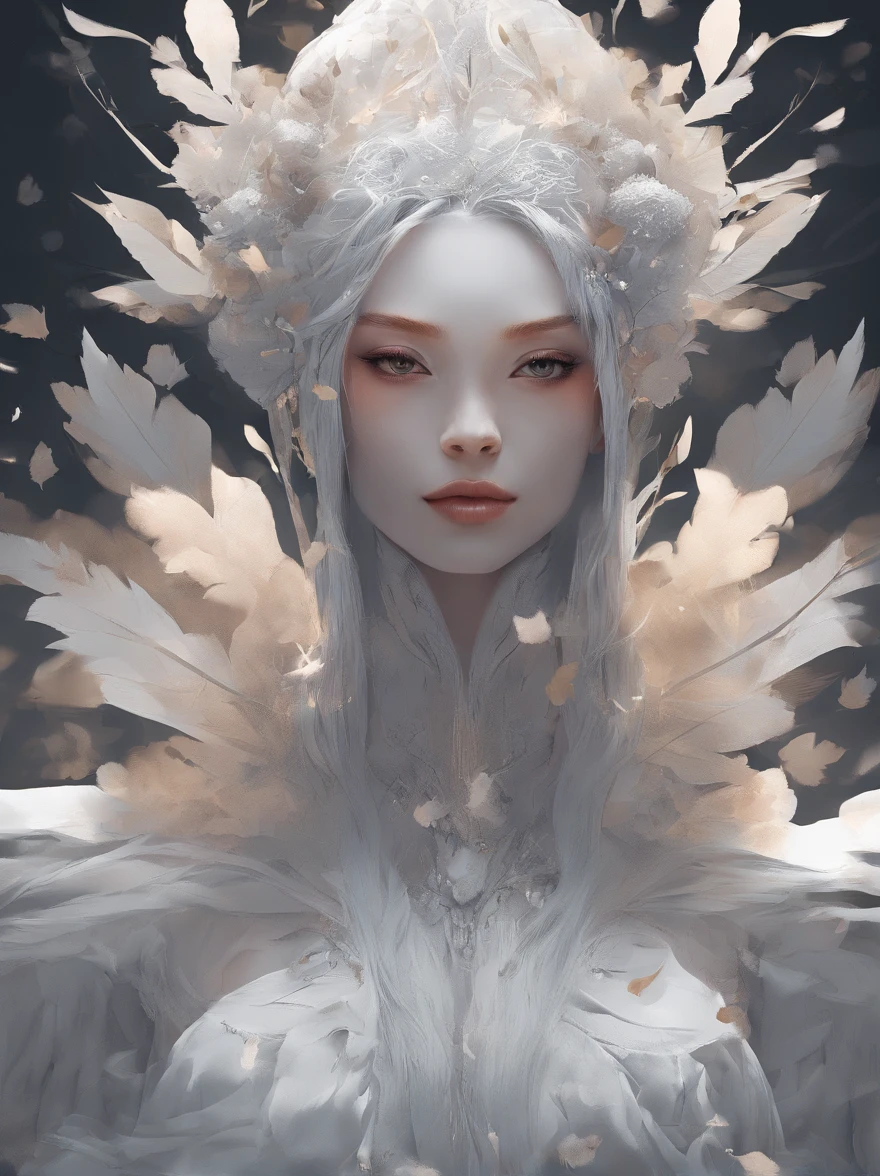 White face and white head,European woman holding autumn leaves,Close-up of the front of the face,Focus on the five senses, beautiful fantasy portrait, beautiful fantasy art portrait, Beautiful surreal portrait, fantasy portrait, fantasy art portrait, detailed matte fantasy portrait, portrait of a dark fantasy nymph, Asian goddess, Beautiful digital artwork, gorgeous digital art,Background dream black surreal beautiful young woman, Fantasy art Behance,Cinematic light and shadow,high-definition HD