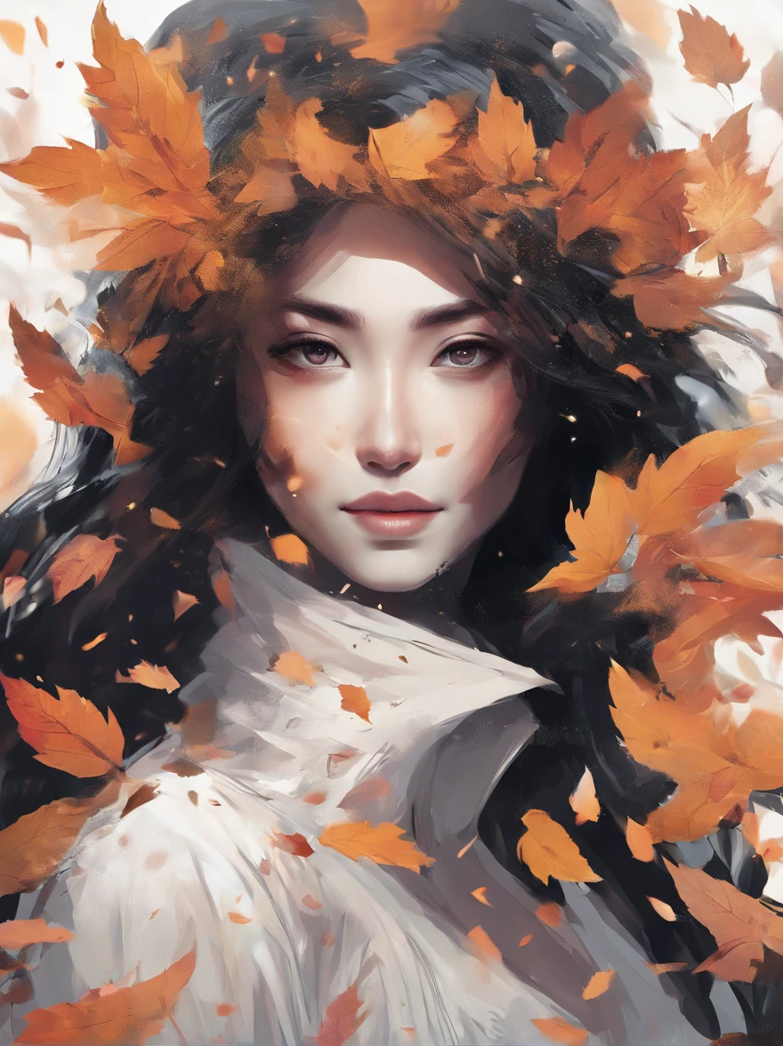 White face and white head,European woman holding autumn leaves,Close-up of the front of the face,Focus on the five senses, beautiful fantasy portrait, beautiful fantasy art portrait, Beautiful surreal portrait, fantasy portrait, fantasy art portrait, detailed matte fantasy portrait, portrait of a dark fantasy nymph, Asian goddess, Beautiful digital artwork, gorgeous digital art,Background dream black surreal beautiful young woman, Fantasy art Behance,Cinematic light and shadow,high-definition HD