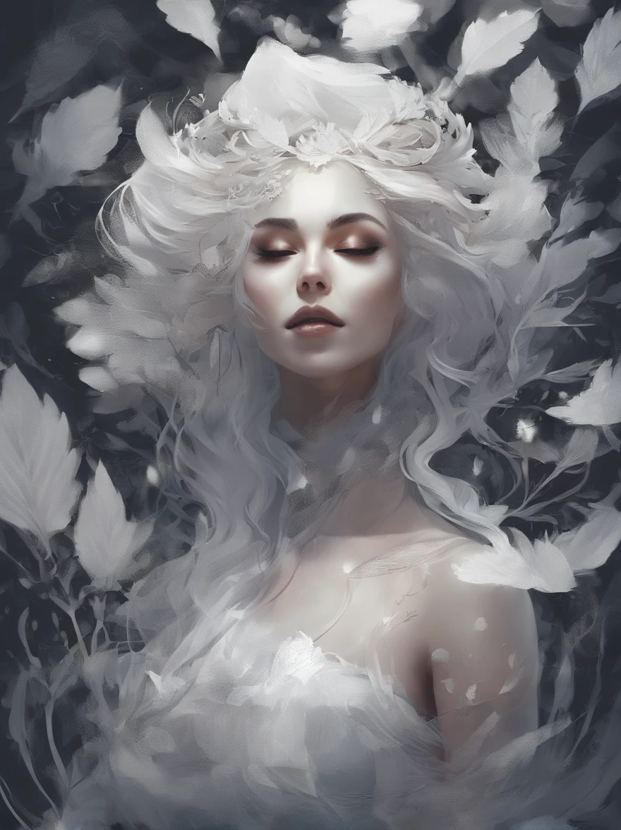 White face and white head，European woman holding autumn leaves，Close-up of the front of the face，Focus on the five senses， beautiful fantasy portrait, beautiful fantasy art portrait, Beautiful surreal portrait, fantasy portrait, fantasy art portrait, detailed matte fantasy portrait, portrait of a dark fantasy nymph, Asian goddess, Beautiful digital artwork, gorgeous digital art,Background dream black surreal beautiful young woman, Fantasy art Behance，Cinematic light and shadow，high-definition HD