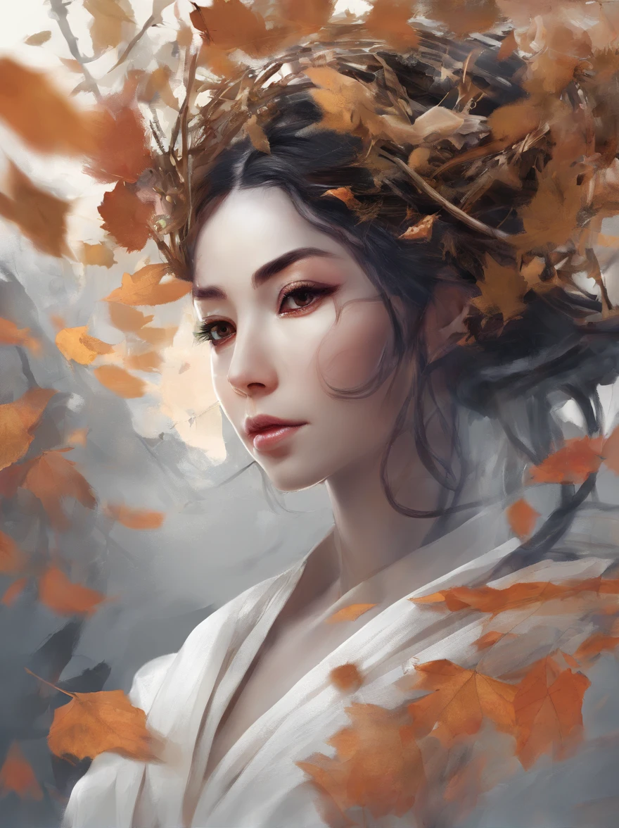 White face and white head,European woman holding autumn leaves,Close-up of the front of the face,Focus on the five senses, beautiful fantasy portrait, beautiful fantasy art portrait, Beautiful surreal portrait, fantasy portrait, fantasy art portrait, detailed matte fantasy portrait, portrait of a dark fantasy nymph, Asian goddess, Beautiful digital artwork, gorgeous digital art,Background dream black surreal beautiful young woman, Fantasy art Behance,Cinematic light and shadow,high-definition HD