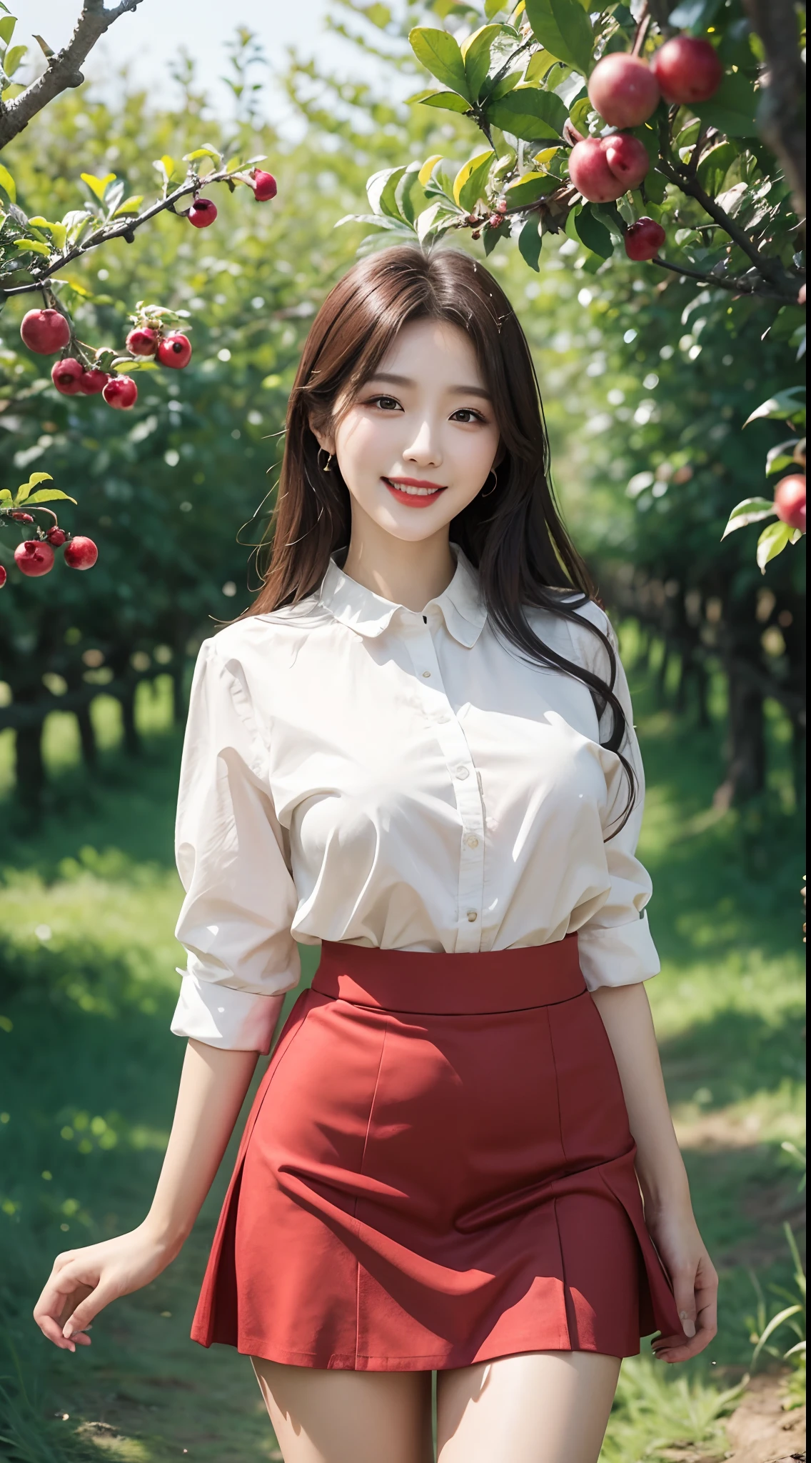 best quality, 4k, 8k, Detailed faces, clear face, pretty girls, Korean makeup, Red lips, laugh, perfect body, big breasts, thigh, Skirt, shirts, View of orchards, fruit trees,