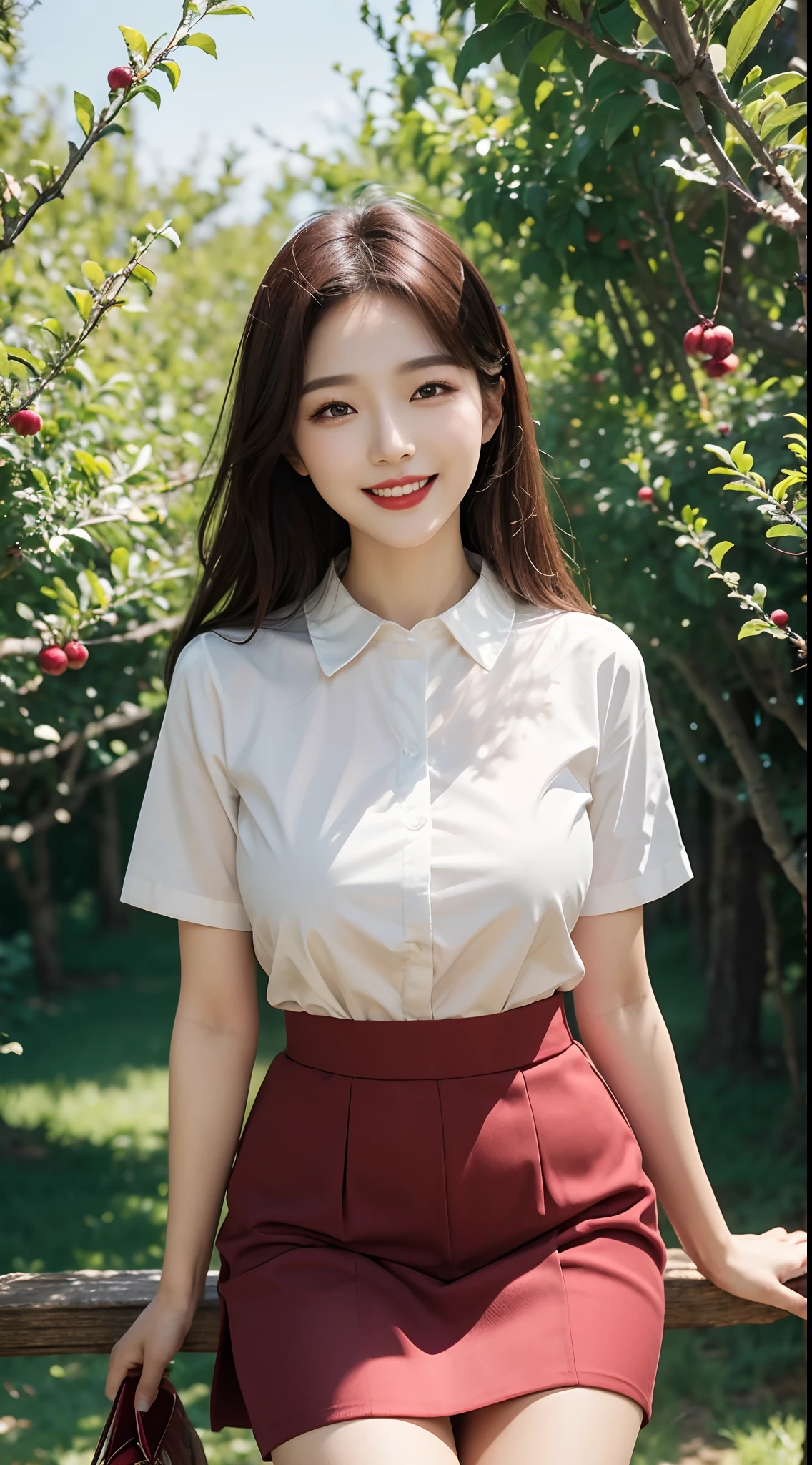 best quality, 4k, 8k, Detailed faces, clear face, pretty girls, Korean makeup, Red lips, laugh, perfect body, big breasts, thigh, Skirt, shirts, View of orchards, fruit trees,