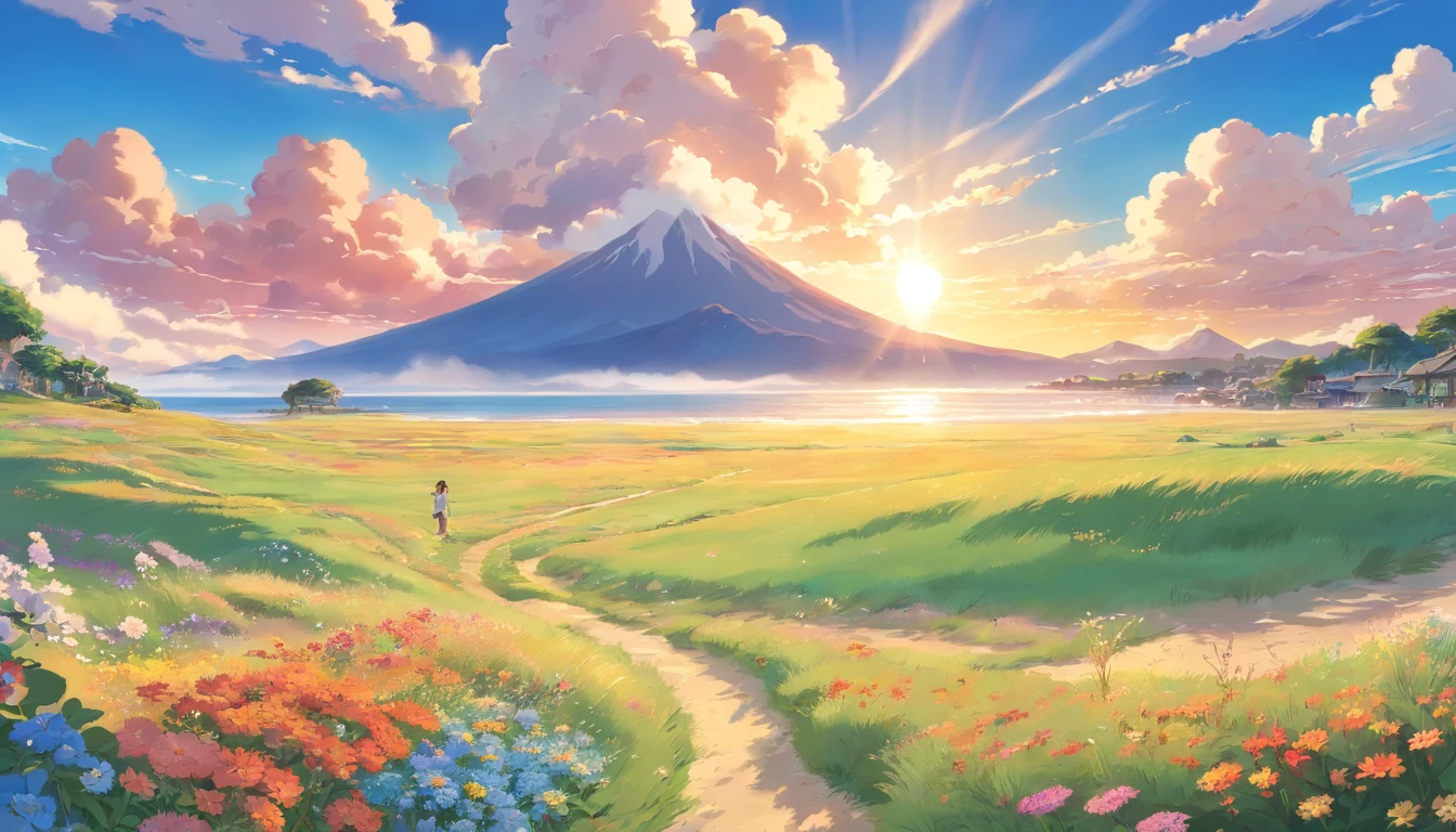 Mare,  the beach, grassy fields, Wildflowers, A desert, Snowy mountains in the distance, sea of clouds,  Big stretching clouds, Sunset, Light penetrating clouds to the ground, Wide-angle lens shooting