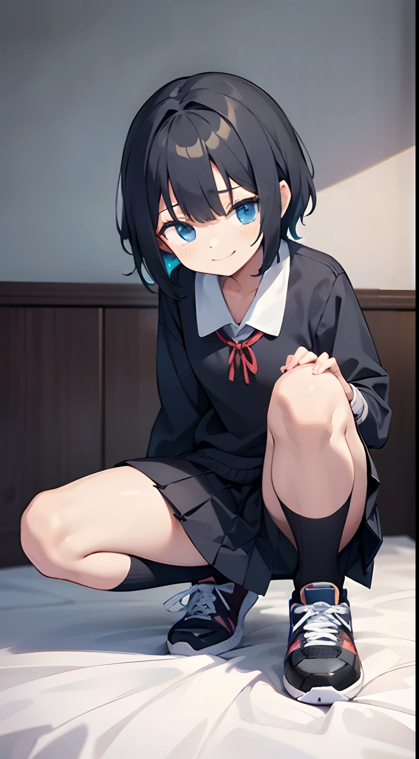 Girl resembling a boyish boy in Nike sneakers on the bed、School uniform、Black spats、skirt by the、A smile、crouching down