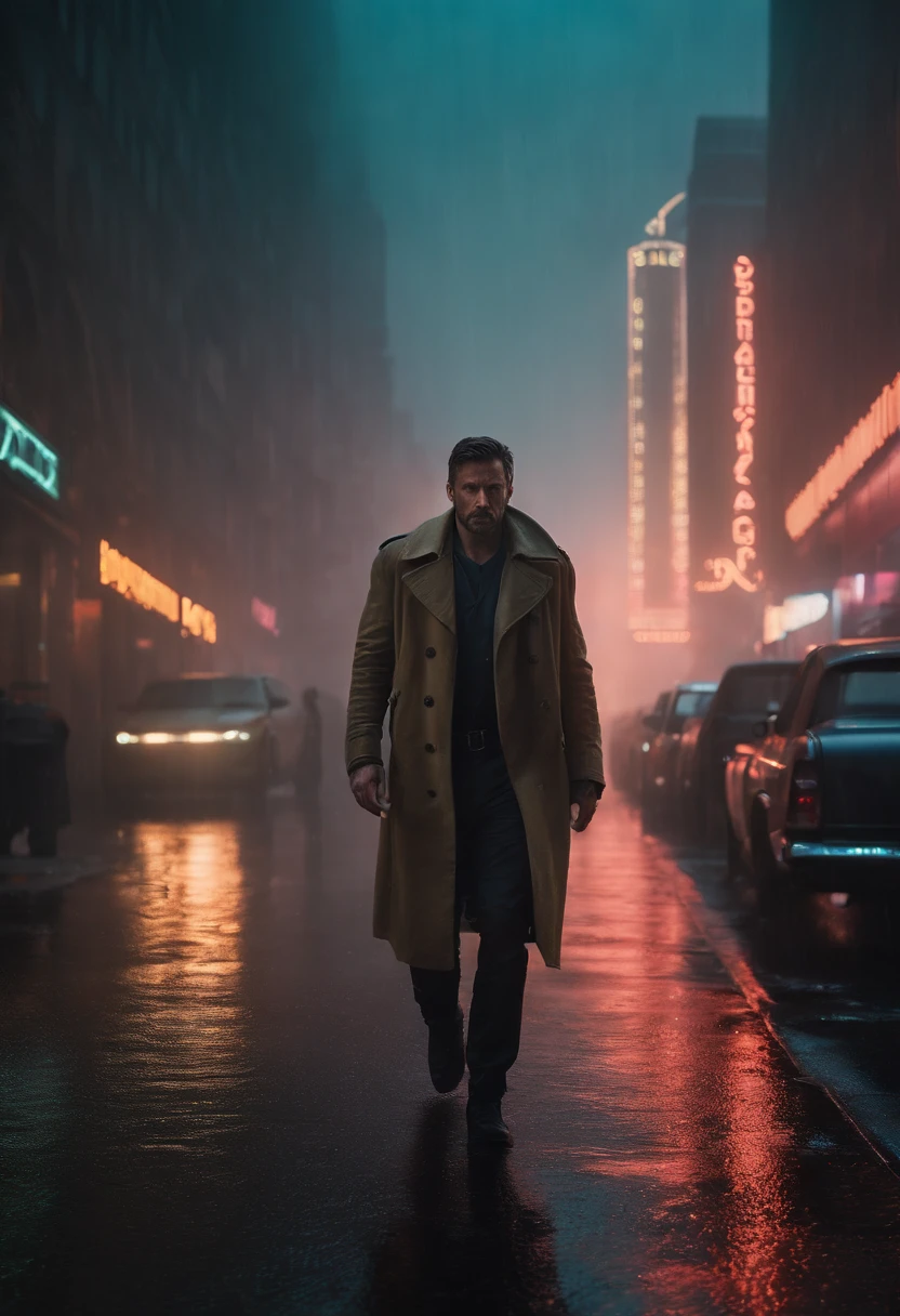 "Joe, the enigmatic protagonist of Blade Runner 2049, finds himself standing at the edge of a bustling metropolis. As he gazes into the neon-lit cityscape beneath a stormy, smog-filled sky, sadness, raining, gazing upwards. neon lights, close up, wet, Joe the protagonist of Blade Runner 2049, is a tall, lean man with a strong, chiseled jawline. He has short, dark hair, and his piercing eyes hold a subtle intensity. His facial features are rugged, yet there is a certain softness in his expression that hints at an underlying vulnerability. Dressed in a worn-out trench coat, Joe exudes a sense of stoicism and determination. He moves with a purposeful stride, displaying a physicality that reflects his training as a Blade Runner. battle damaged, hurt, close up of face,