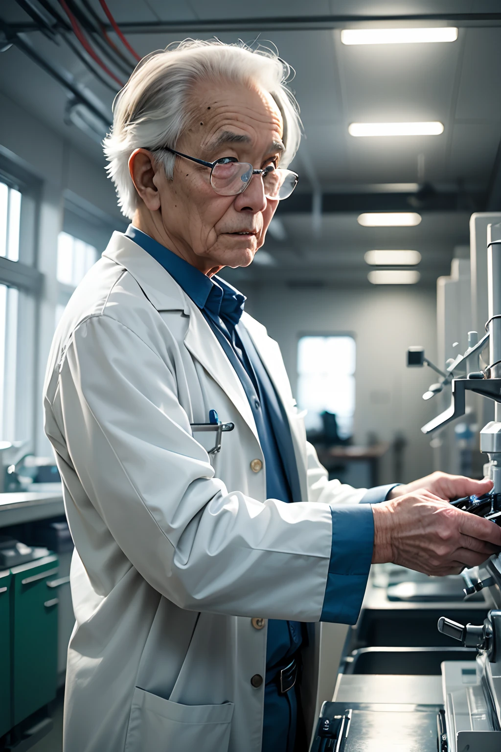 75-year-old grandfather、Researcher in white coat、appearance々A scene of a laboratory with equipment、short small figure、