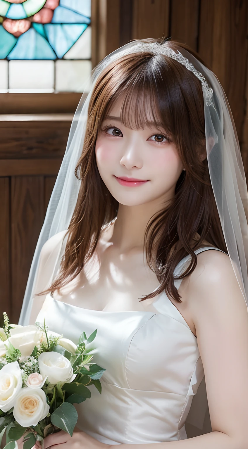 (highest quality,masterpiece:1.3,ultra high resolution,),(Super detailed,caustics),(Photoreal:1.4,RAW shooting,)ultra-realistic capture,very detailed,High resolution 16K human skin close-up。 natural skin texture、,The pores are、、、Must be detailed enough to be easily identified。 Skin should look even-toned and healthy。 Use natural light and color,1 girl,Japanese,cute,22 years ago,cry or laugh,Natural brown hair,half up,medium sized breasts,wedding veil,pure white wedding dress,holding a bouquet,stand upright,look at the cameraください,chapel,(Stained glass),Overflowing with light,(Front view),Front view,cowboy shot,natural soft light、look at the camera