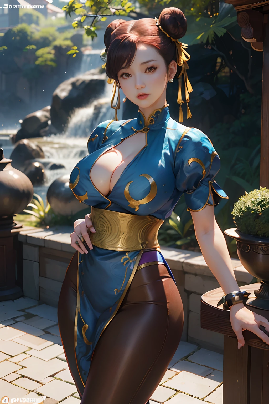 Chun-li, 40_years_old, mature looking woman, MILF, (1girl), solo:1.4, (in a blue and gold qipao_embroidered posing for a picture, cleavage, brown leggings, loincloth) portrait of chun-li, (brown_eyes, short_hair, brown_hair, double_bun), oppai, masterpiece, best quality, ultra-detailed, illustration, epic lighting, cinematic composition, red hair clip, oppai proportions, hyper-realistic anime, japanese goddess, highly detailed, cleavage, nipple outline, shiny skin, perfect body, perfect face, hyperrealistic full figure, greenery, outdoor, small shurbs