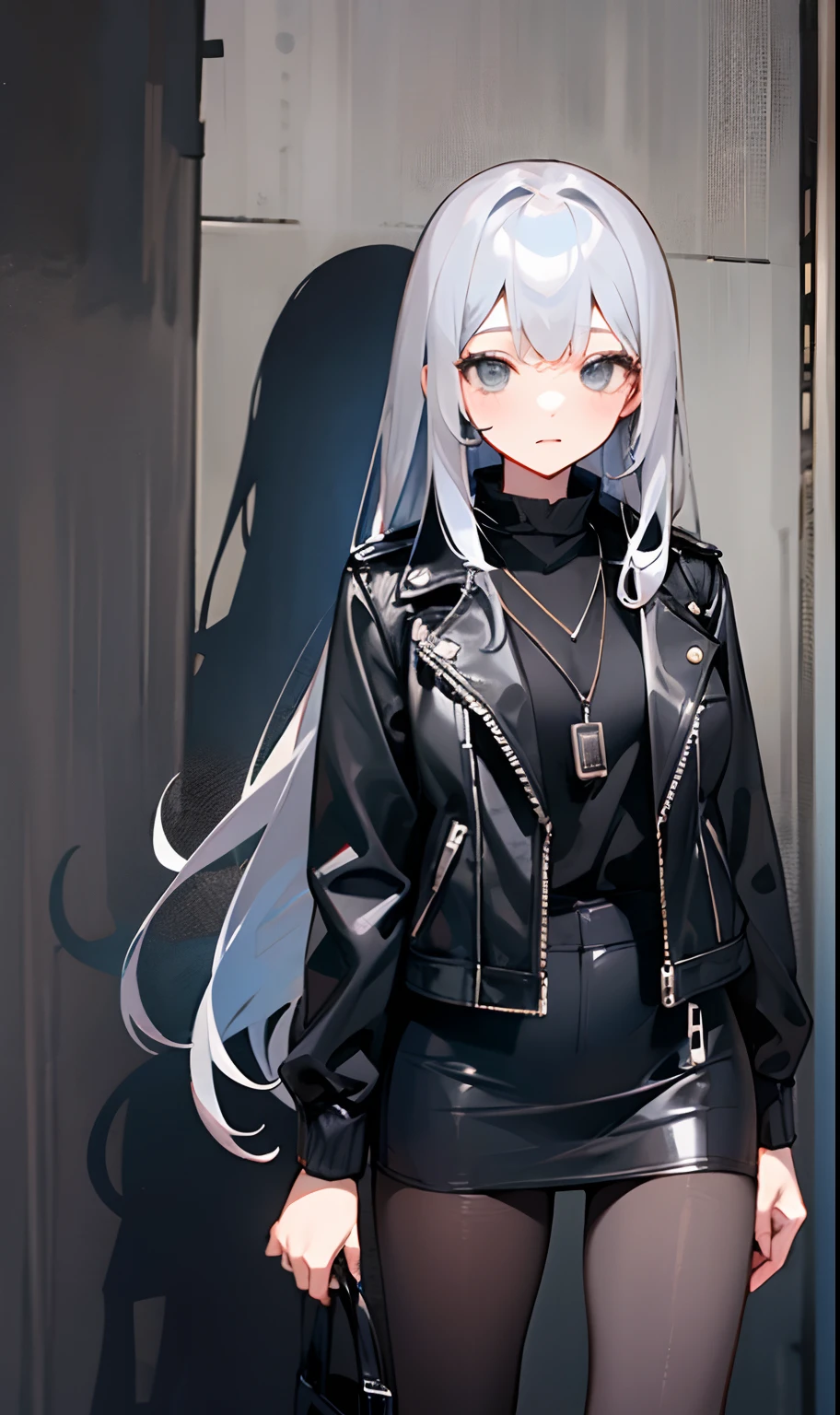 -yeld wo、Silver Straight Long Hair、Gray eyes、a black ribbon、Black leather jacket、Black Turtle Shirt、Black miniskirt、Black pantyhose、Blue pendant:1.2
