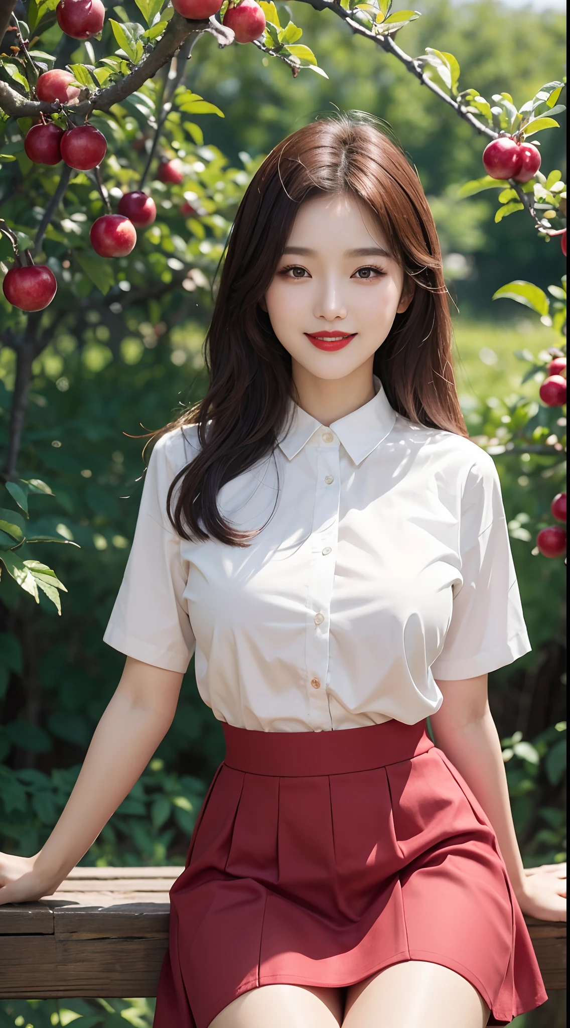 best quality, 4k, 8k, Detailed faces, clear face, pretty girls, Korean makeup, Red lips, laugh, perfect body, big breasts, thigh, Skirt, shirts, View of orchards, fruit trees,