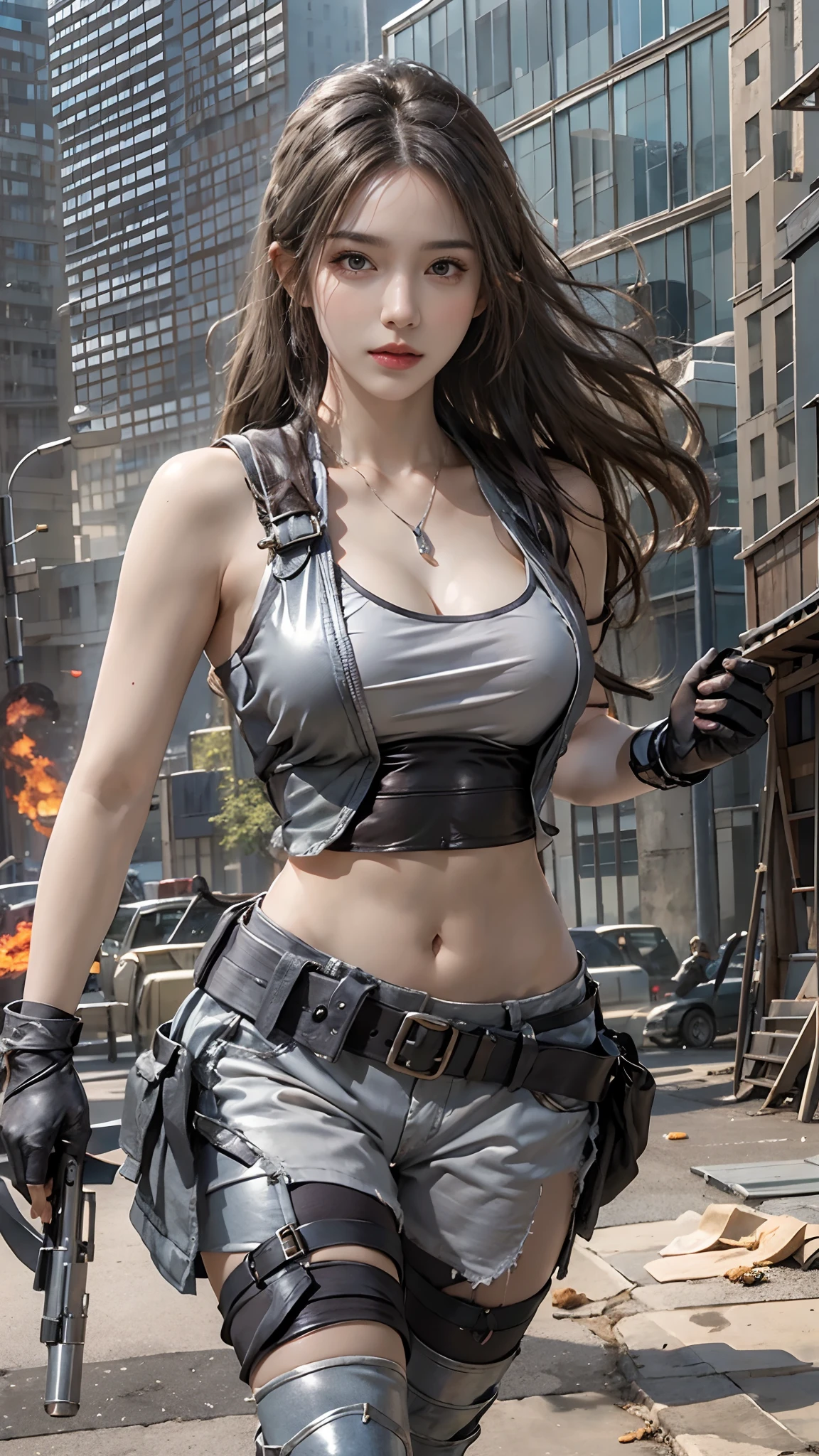 Photorealistic, high resolution, 1 woman, Solo, Hips up, view the viewer, (Detailed face), long hair, SWAT vests, jewelry, medium bust, battlefield outfit, silver outfit, bare stomach and shoulders, bare thigh, building background, walking,,