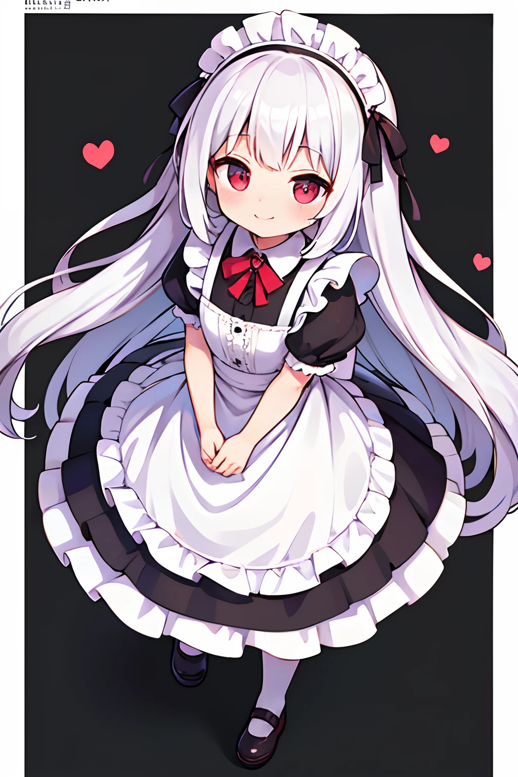 8K picture quality，silber hair,Red-eyed girl,cute little ,Long hair,Heartwarming,a miniskirt,Lolita,A smile,Thumbnail styles，maid clothes，fluffly，Looking down from above,full body Esbian,heartbackground,Embarrassed expression