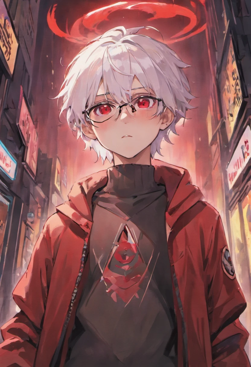 male skinny hipster with white hair and pointed ears, blood red eyes, glasses, soft jawline, femboy, wearing black and white clothing (Pale skin tone) has short hair, wearing hipster outfit, a little bit grown up, ominous expression, downtown background