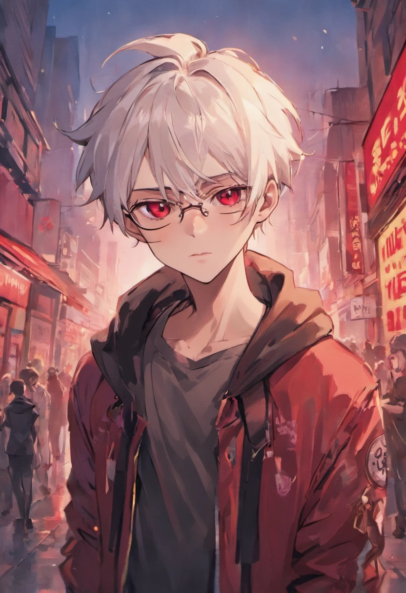 male skinny hipster with white hair and pointed ears, blood red eyes, glasses, soft jawline, femboy, wearing black and white clothing (Pale skin tone) has short hair, wearing hipster outfit, a little bit grown up, ominous expression, downtown background