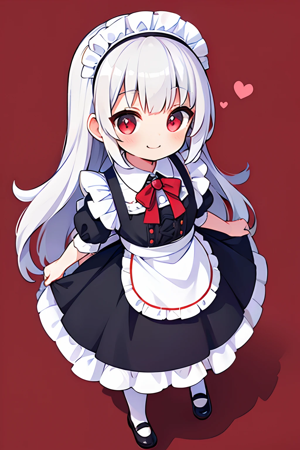 8K picture quality，silber hair,Red-eyed girl,cute little ,Long hair,Heartwarming,a miniskirt,****ta,A smile,Thumbnail styles，maid clothes，fluffly，Looking down from above,A smile,full body Esbian,heartbackground