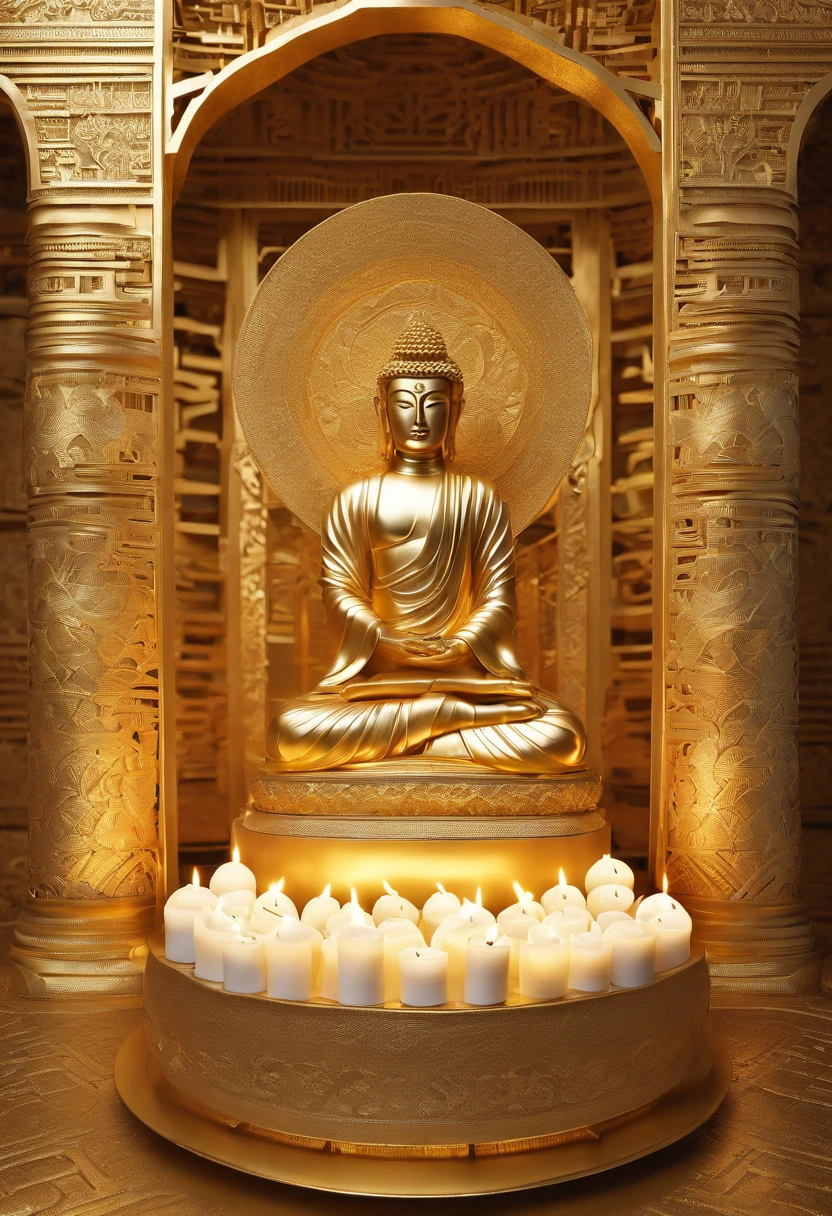 Siddhartha Buddha's golden sculpture in a tample, Offered with candles, long shot, hyper realistic, hyper detailed, masterpiece, photorealistic,8k.