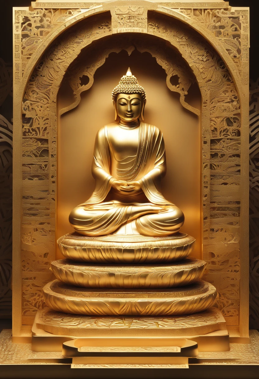 Siddhartha Buddha's golden sculpture in a tample, Offered with candles, long shot, hyper realistic, hyper detailed, masterpiece, photorealistic,8k.