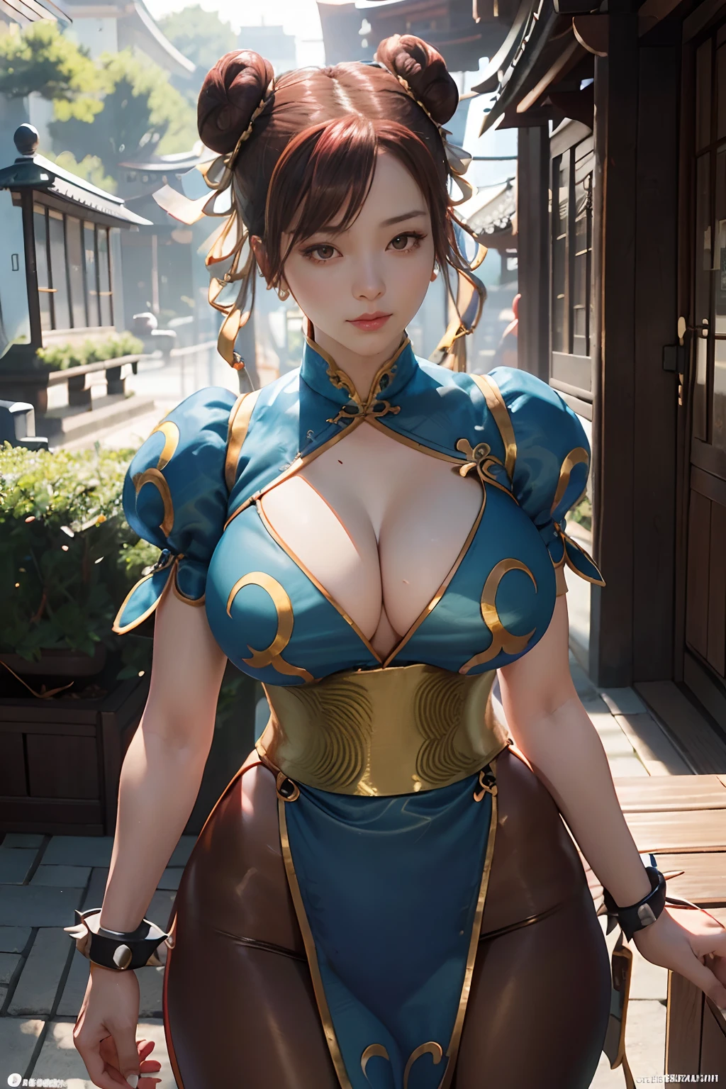Chun-li, 40_years_old, mature looking woman, MILF, (1girl), solo:1.4, (in a blue and gold qipao_embroidered posing for a picture, cleavage, brown leggings, loincloth) portrait of chun-li, (brown_eyes, short_hair, brown_hair, double_bun), oppai, masterpiece, best quality, ultra-detailed, illustration, epic lighting, cinematic composition, red hair clip, oppai proportions, hyper-realistic anime, japanese goddess, highly detailed, cleavage, nipple outline, shiny skin, perfect body, perfect face, hyperrealistic full figure, greenery, outdoor, small shurbs