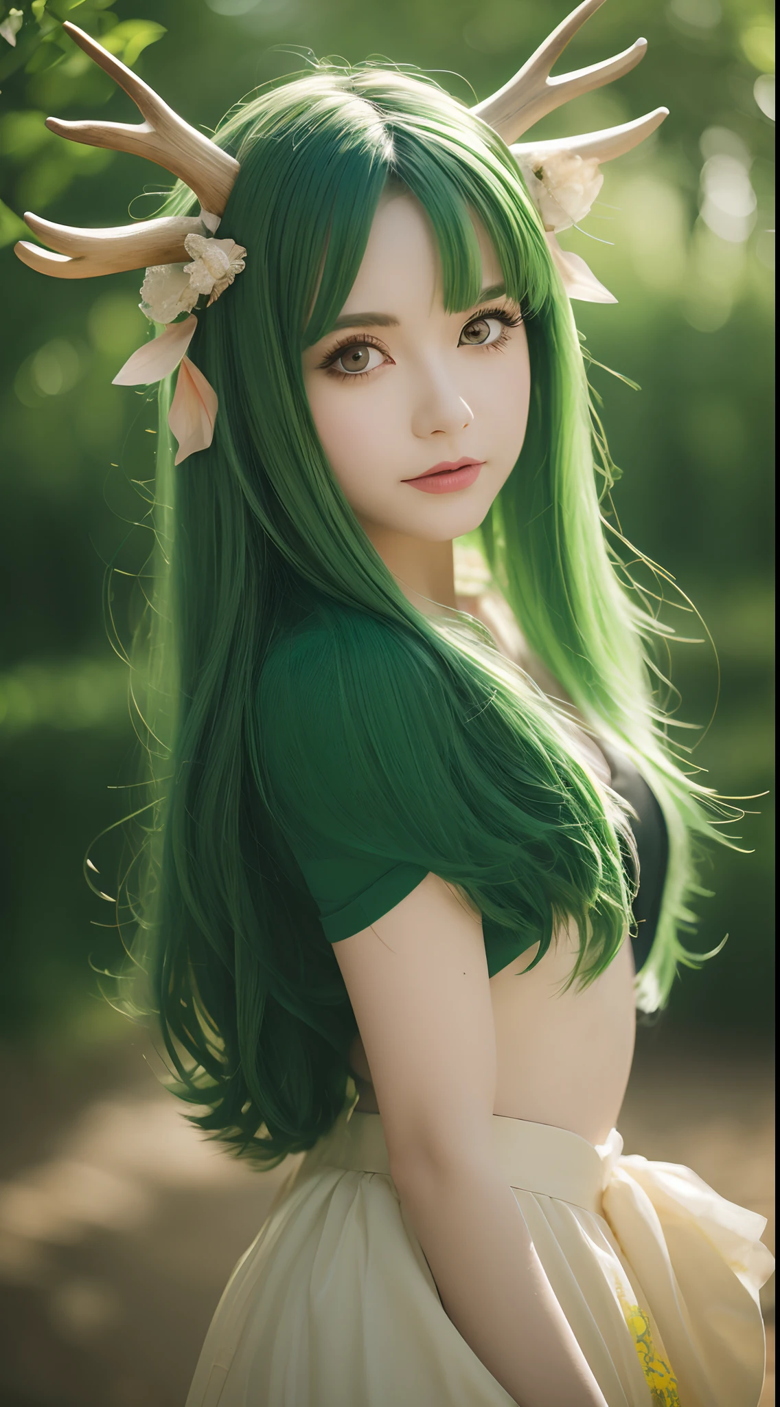 High-quality graphics,tmasterpiece,Bokeh,Green-haired beauty,Yellow vertical pupils,deer antlers,Maid decoration,Soft lighting,stooped,Playful,Sharp focus,Ultra-detailed,Portrait,landscape,Vivid colors,Soft lighting