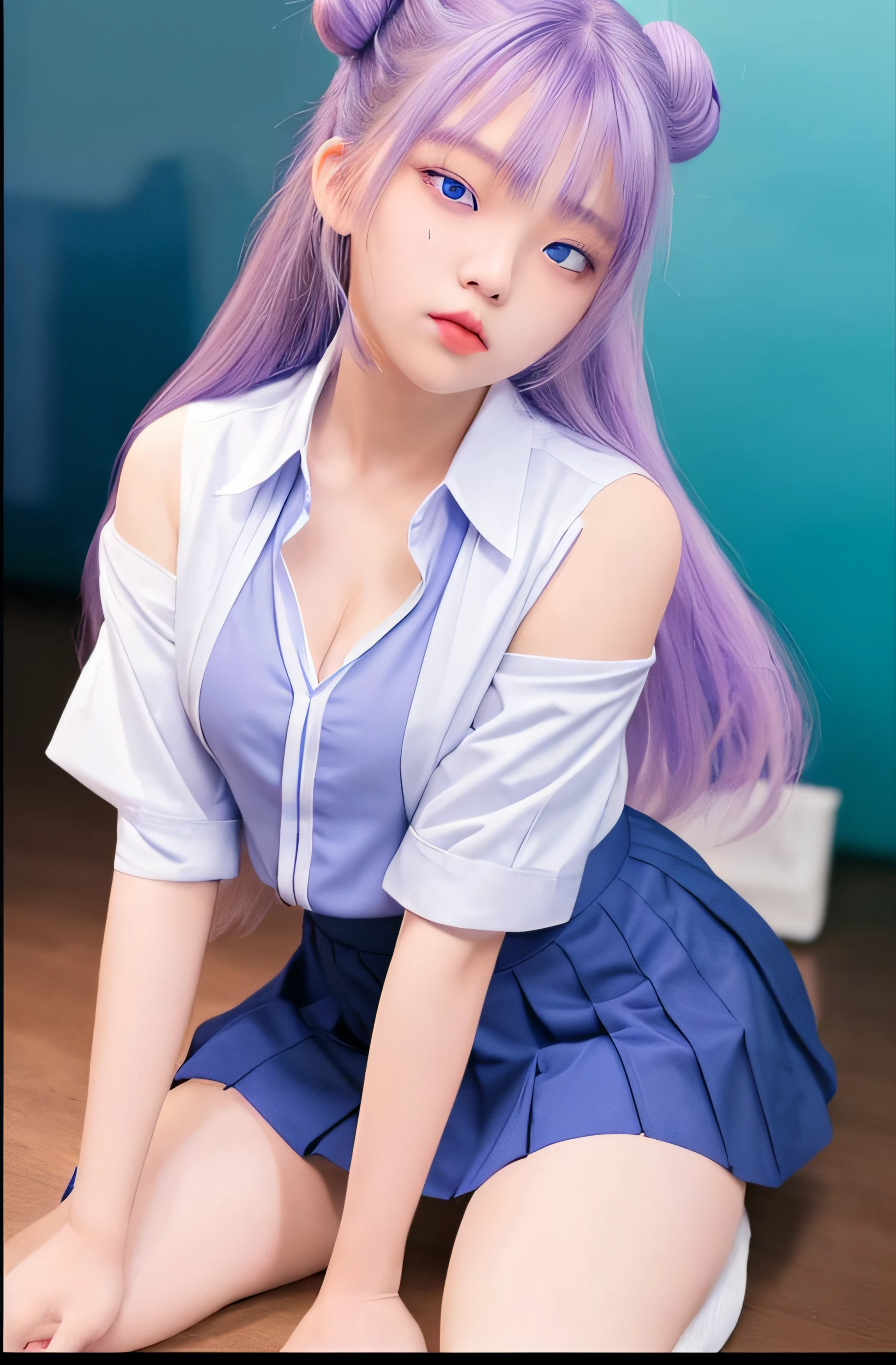 asian  girl, purple hair 2 buns, blue uniform skirt, white shirt, Blue eyes