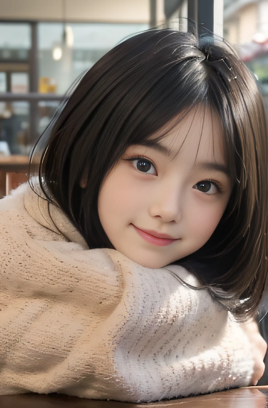 8k,Japanese,10 years old,innocent face,teenage girl,cute,Winter clothes,everyday wear,sitting,black hair,flower garden,hair clip,