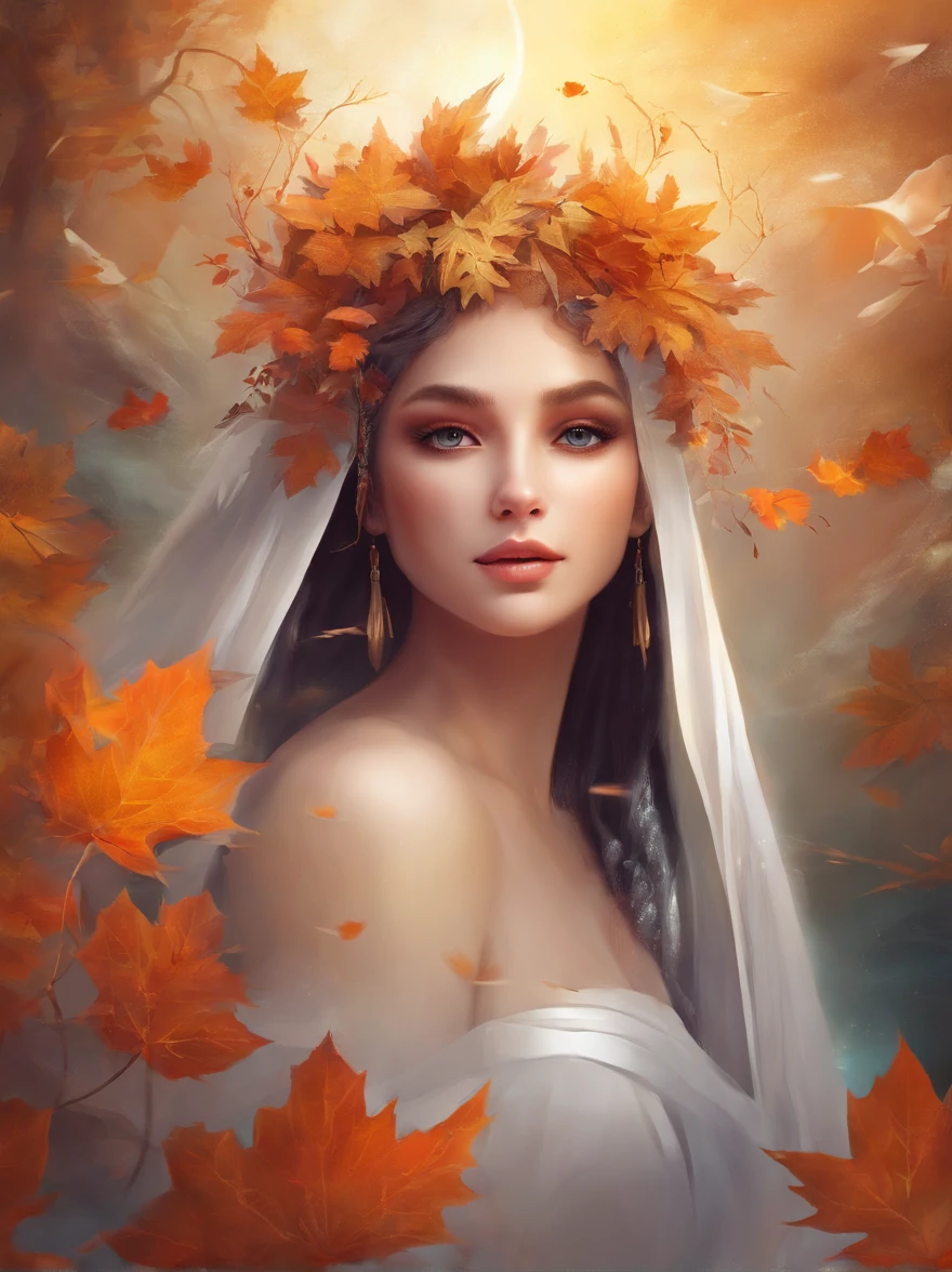 White face and white head，European woman holding autumn leaves，Close-up of the front of the face，Focus on the five senses， beautiful fantasy portrait, beautiful fantasy art portrait, Beautiful surreal portrait, fantasy portrait, fantasy art portrait, detailed matte fantasy portrait, portrait of a dark fantasy nymph, Asian goddess, Beautiful digital artwork, gorgeous digital art,Background dream black surreal beautiful young woman, Fantasy art Behance，Cinematic light and shadow，high-definition HD