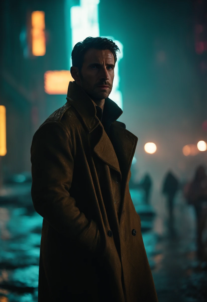 "Joe, the enigmatic protagonist of Blade Runner 2049, finds himself standing at the edge of a bustling metropolis. As he gazes up at the neon-lit cityscape above a stormy, smog-filled sky, sadness, raining, gazing upwards. neon lights, close up, wet, Joe the protagonist of Blade Runner 2049, is a tall, lean man with a strong, chiseled jawline. He has short, dark hair, and his piercing eyes hold a subtle intensity. His facial features are rugged, yet there is a certain softness in his expression that hints at an underlying vulnerability. Dressed in a worn-out trench coat, Joe exudes a sense of stoicism and determination. He moves with a purposeful stride, displaying a physicality that reflects his training as a Blade Runner. battle damaged, hurt, close up of face,