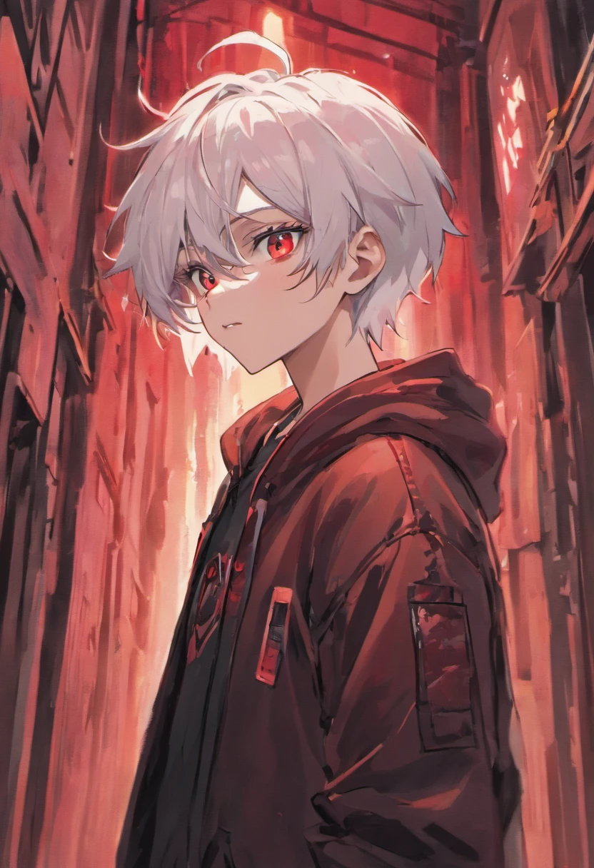 good looking, alone, 1 male, Gray Hair, Red eyes, Black Shirt, Black and white hooded, smoking, night, Black light,Cute eyes,Short hairstyle,A cute boy