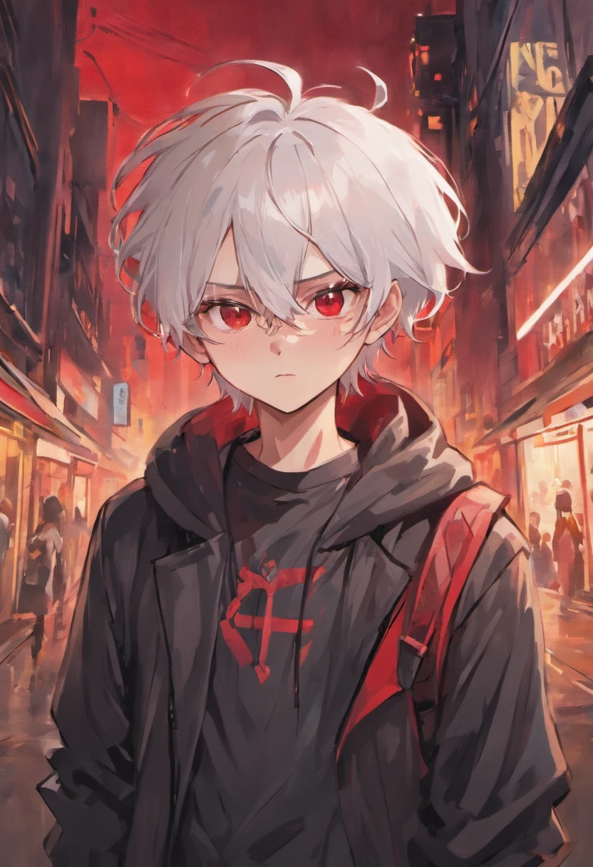 adult male skinny hipster with white hair and pointed ears, blood red eyes, glasses, soft jawline, femboy, wearing black and white clothing (Pale skin tone) has short hair, wearing hipster outfit, a little bit grown up, ominous expression, downtown background