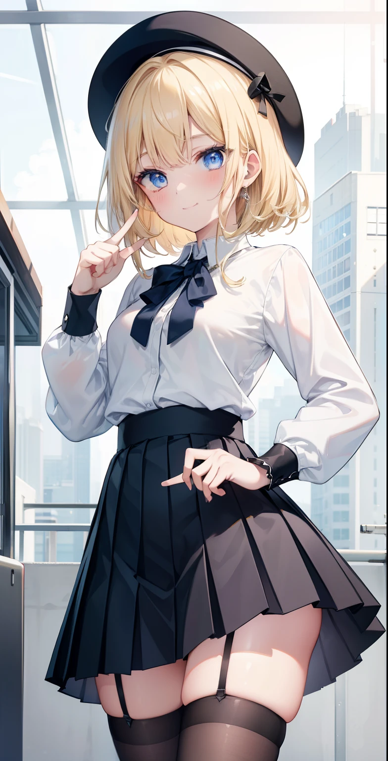 ​master piece, Best quality, High definition, KR1, Blue eyes, Smile, rim, White shirt, Black skirt, Standing finger, Pleated skirt, Stockings, Small breasts, Blonde, Cowboy shot,leg wide open，Lace，pantiess，Loves，drools，lying down
