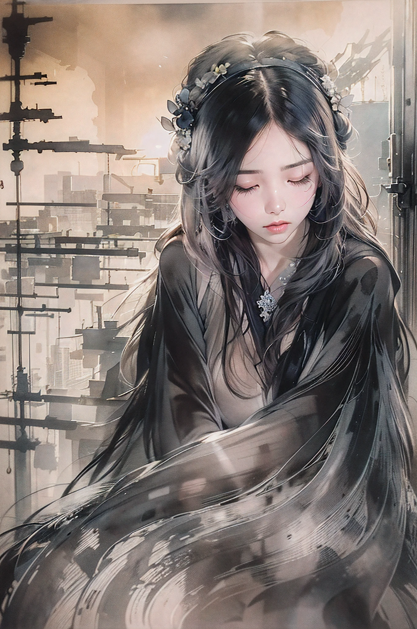 The light envelops the women as the morning sun rises and awakens them in the morning. Between sleepiness and wakefulness. Artist uses blotting ink、Blurred the boundaries of the picture, Combination with delicate brushwork、Expressing the details of the picture. It's incredibly beautiful. Beautifully expresses the shades of black ink.