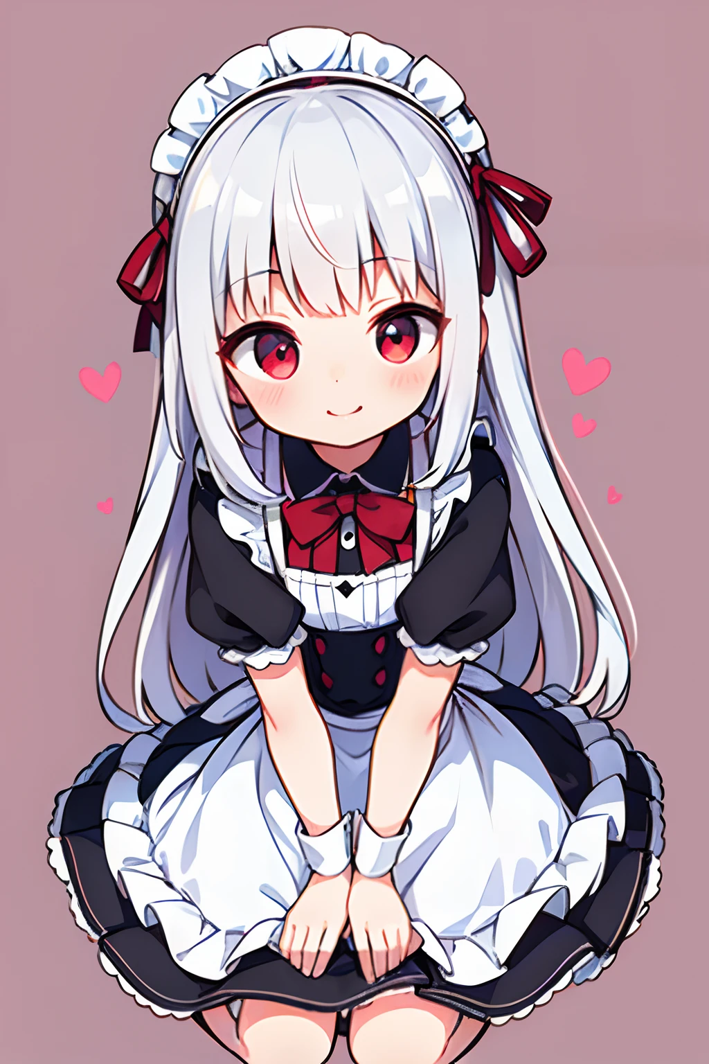 8K picture quality，silber hair,Red-eyed girl,cute little ,Long hair,Heartwarming,a miniskirt,****ta,A smile,Thumbnail styles，maid clothes，fluffly，Looking down from above,full body Esbian,heartbackground,Excited look