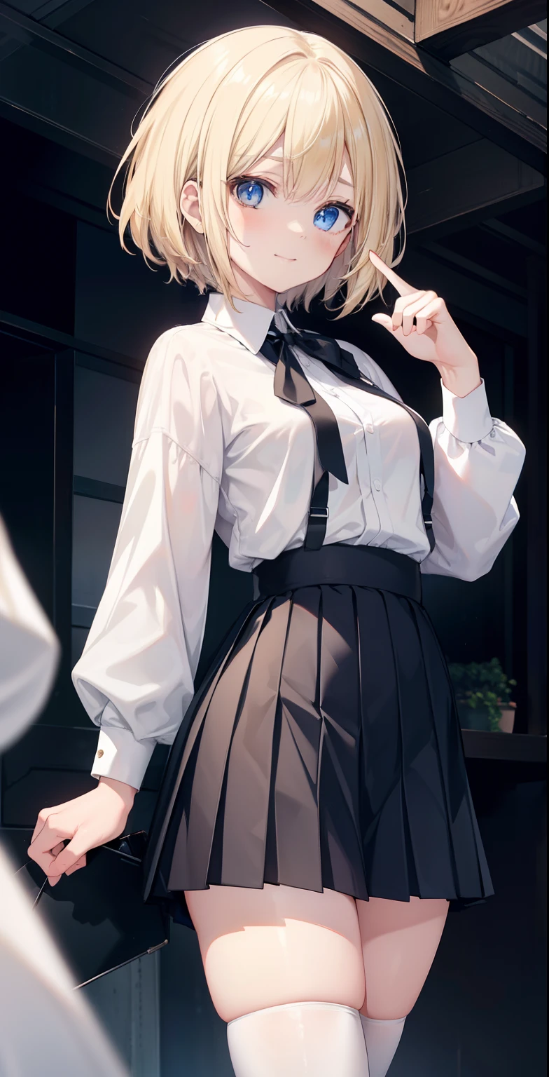 master piece, Best Quality, High Definition, KR1, Blue eyes, Smile, fringe, White shirt, Black skirt, Standing Finger Prick, Pleated skirt, Stockings, Small breasts, Blonde, Cowboy Shot,
