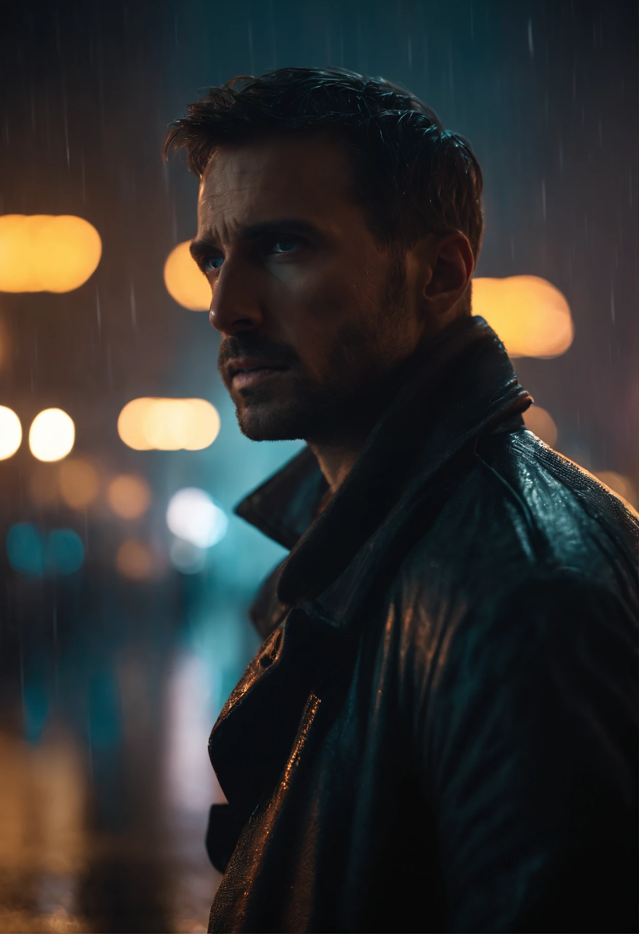 "Joe, the enigmatic protagonist of Blade Runner 2049, finds himself standing at the edge of a bustling metropolis. As he gazes up at the neon-lit cityscape above a stormy, smog-filled sky, sadness, raining, gazing upwards. neon lights, close up, wet, Joe the protagonist of Blade Runner 2049, is a tall, lean man with a strong, chiseled jawline. He has short, dark hair, and his piercing eyes hold a subtle intensity. His facial features are rugged, yet there is a certain softness in his expression that hints at an underlying vulnerability. Dressed in a worn-out trench coat, Joe exudes a sense of stoicism and determination. He moves with a purposeful stride, displaying a physicality that reflects his training as a Blade Runner. battle damaged, hurt, close up of face,