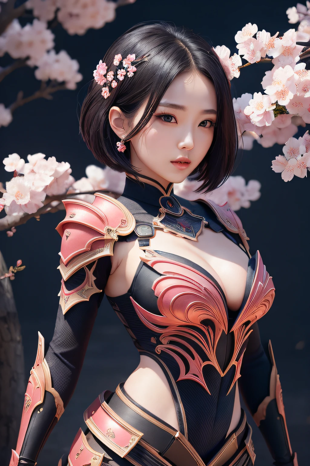 beautiful japanese young woman, wearing ninja armor, thick symmetrical features, very short hair, background is cherry blossoms, pink aura, red lips, octane render,