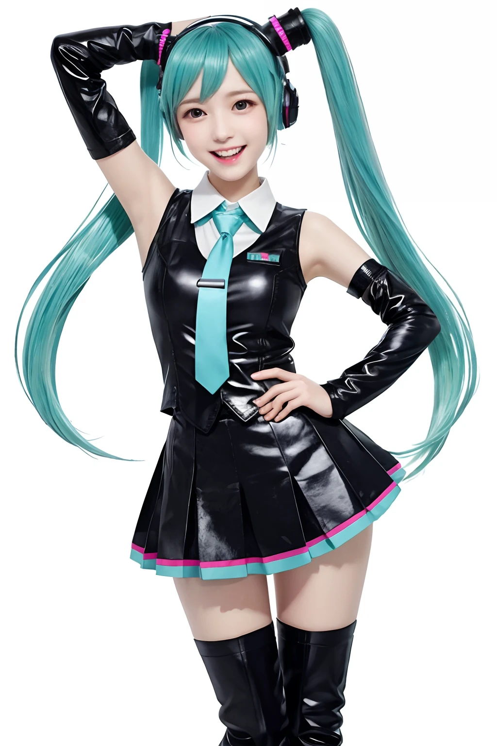Hatsune Miku, happy, smile, mouth open, singing, dancing, highest quality, high resolution. Intricate Details,Top Quality, Chromatic Aberration, 1girl, Solo, wet Skirt, Hatsune Miku, Long Hair, Thighs, Twin Tails, Detached Sleeves, Tie, Thigh Boots, Boots, Sleeveless, Headset, Aqua Eyes, Pleated Skirt, Aqua Hair, Full Body, Sleeveless Shirt, Simple Background, Very Long Hair, White background, black footwear, black thighs, hair ornament