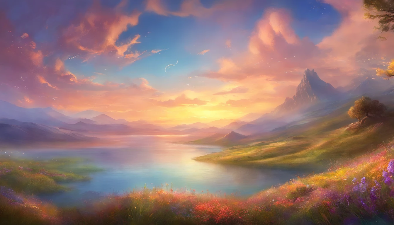 lake, the beach, grass field, Wildflowers, A desert, Snowy mountains in the distance, sea of clouds, Big stretching clouds, Sunset, Light penetrating clouds to the ground, Wide-angle lens shooting