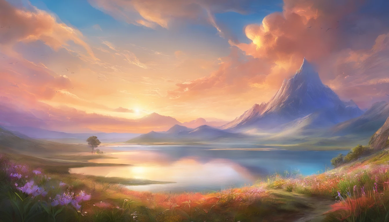 lake, the beach, grass field, Wildflowers, A desert, Snowy mountains in the distance, sea of clouds, Big stretching clouds, Sunset, Light penetrating clouds to the ground, Wide-angle lens shooting