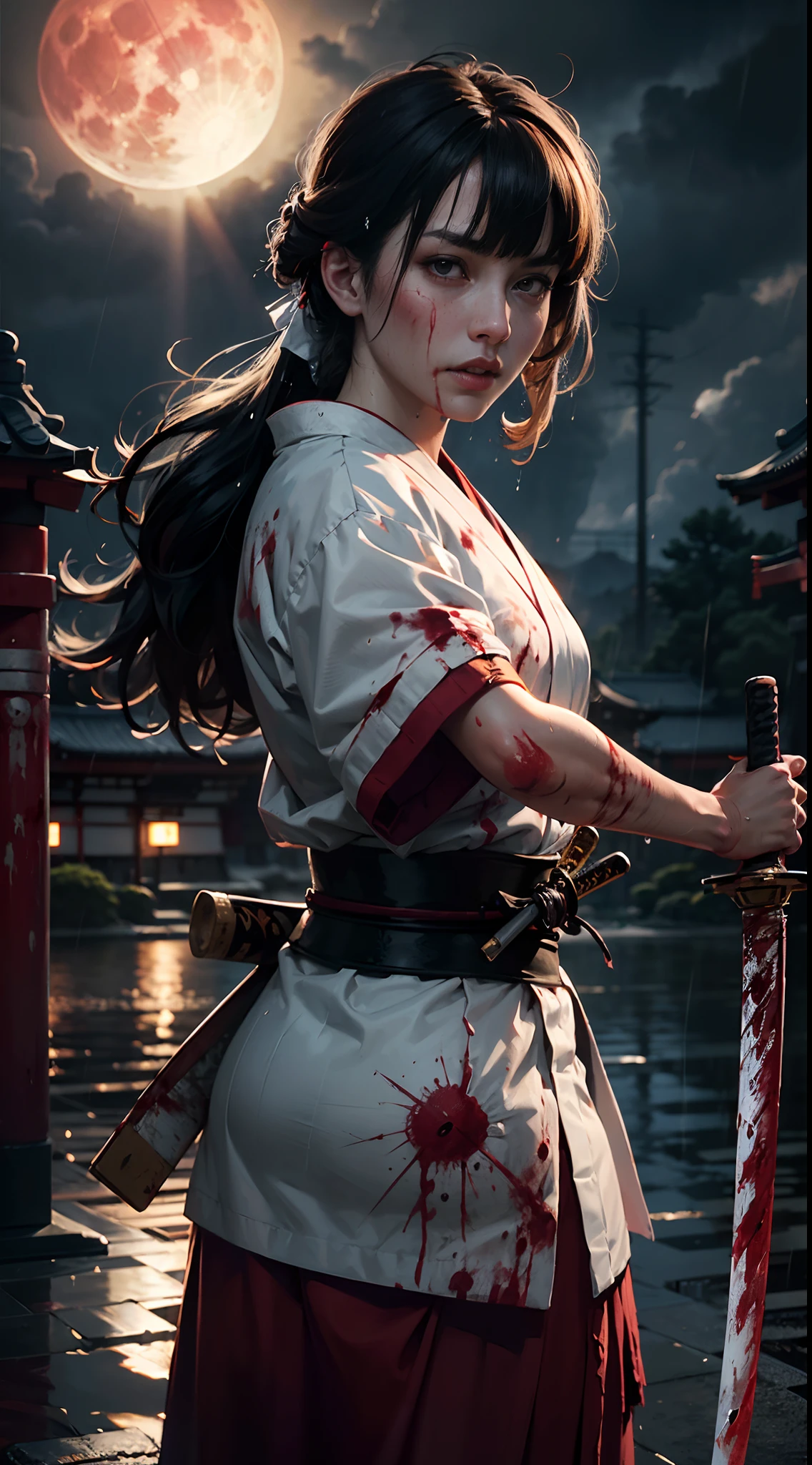 [object Object], (Detailed face features:1.3),1woman,delicate face,bright eyes,beautiful face,((japanese princess)),in the palace,japanese architecture,war-ridden,((fighting stance:1.2)),((blunt bangs)),outdoor,((wet clothes)),wet skin,((stormy rain:1.3)),cloudy sky,Japanese Warring States Clothing,red color sky,((full-moon:1.2)),at night,fierce wind,dynamic shot,black hair,long hair,red and white clothing ,Phoenix patterned clothing,
(RAW photo, 16k, masterpiece, best quality: 1.2), (ultra realism, hyper detailed and intricate realism: 1.3), (wide depth of field, radiant mapping, ray tracing, god rays: 1.2), High dynamic range, vivid, rich details, clear shadows and highlights, realistic, intense, enhanced contrast,(((Holding a samurai sword:1.1))),((blood on face:1.3)),((damaged clothing:1.3)),HDR,natural lighting,chignon,strong gaze